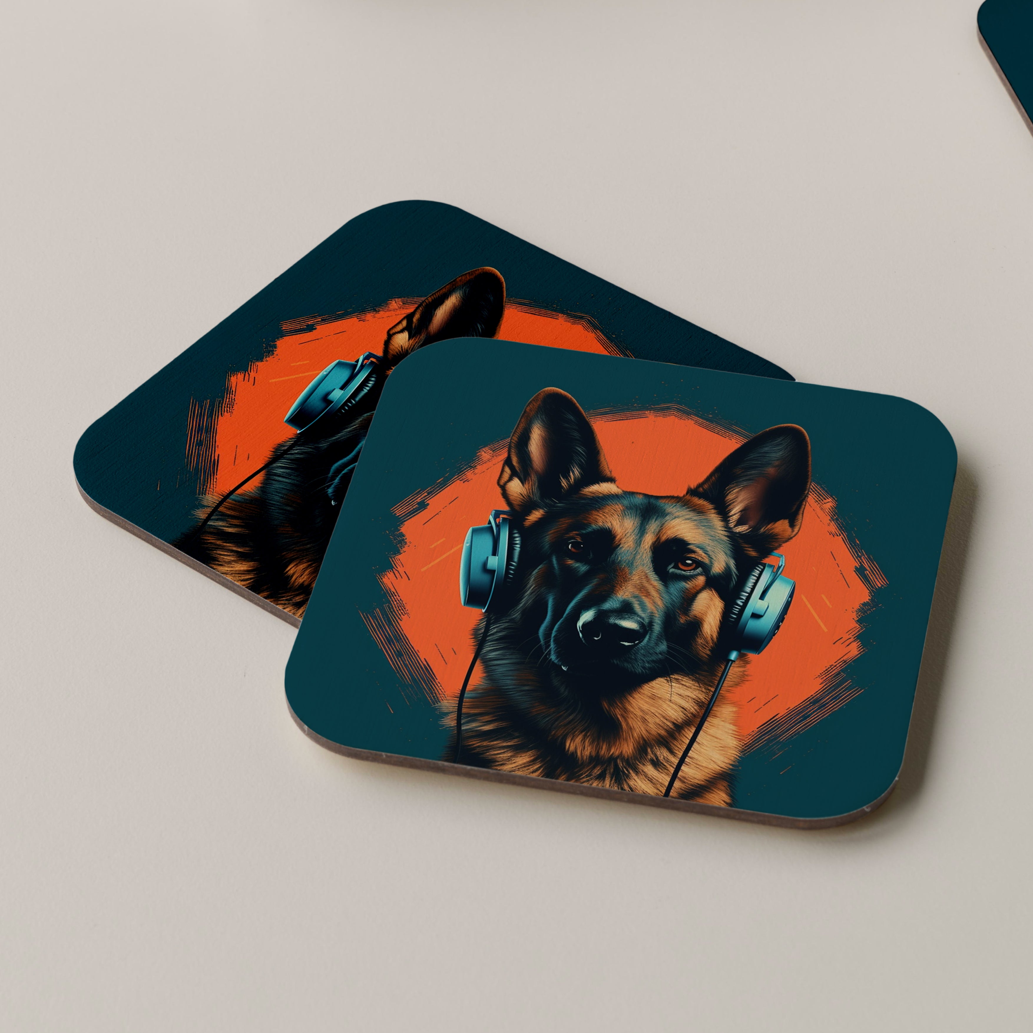 German Shepherd Wearing Headphones Coasters