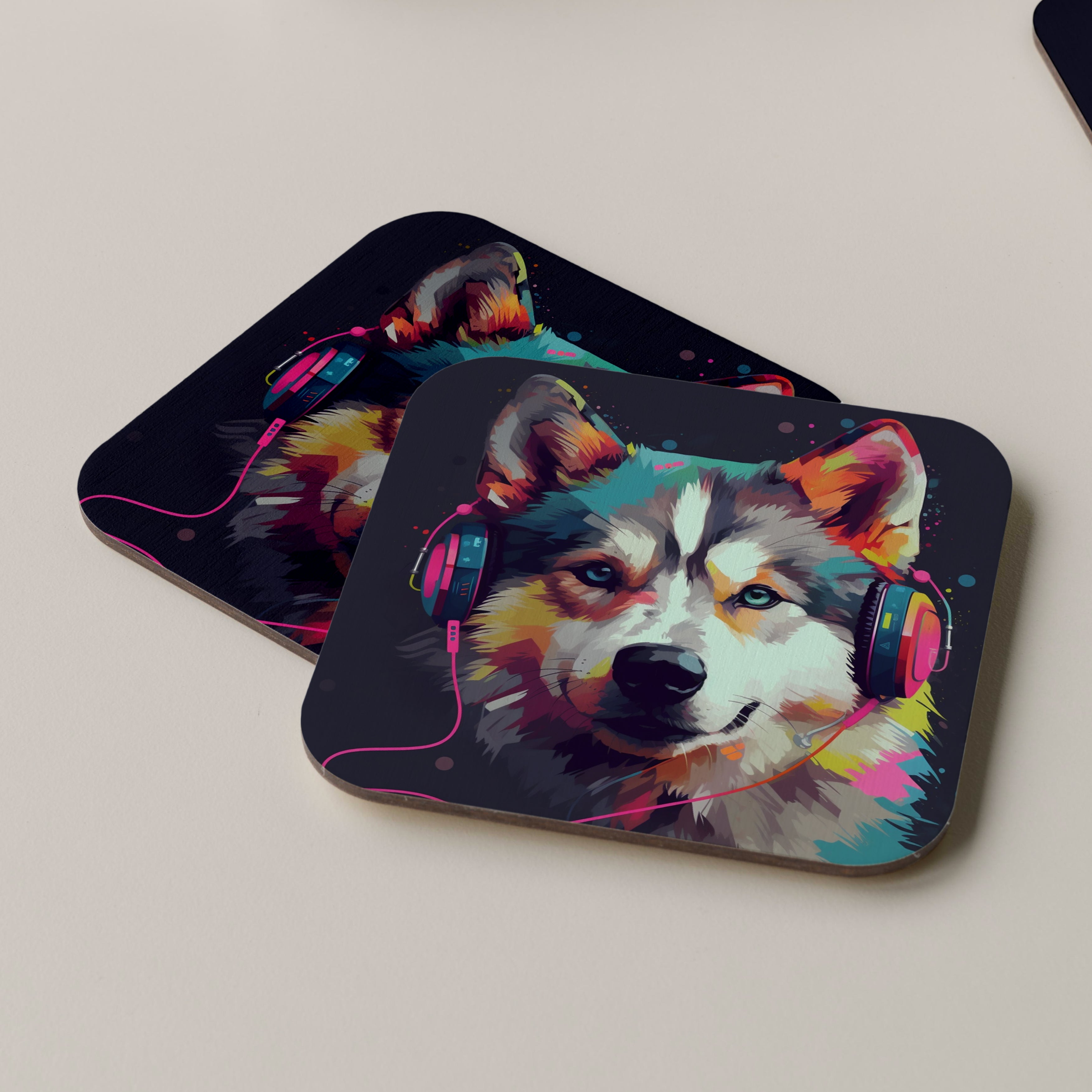 Alaskan Malamute Wearing Headphones Coasters