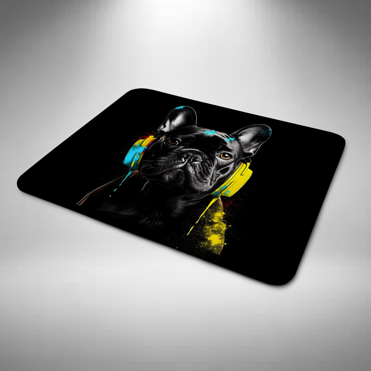 Black French Bulldog Wearing Headphones Mouse Mat