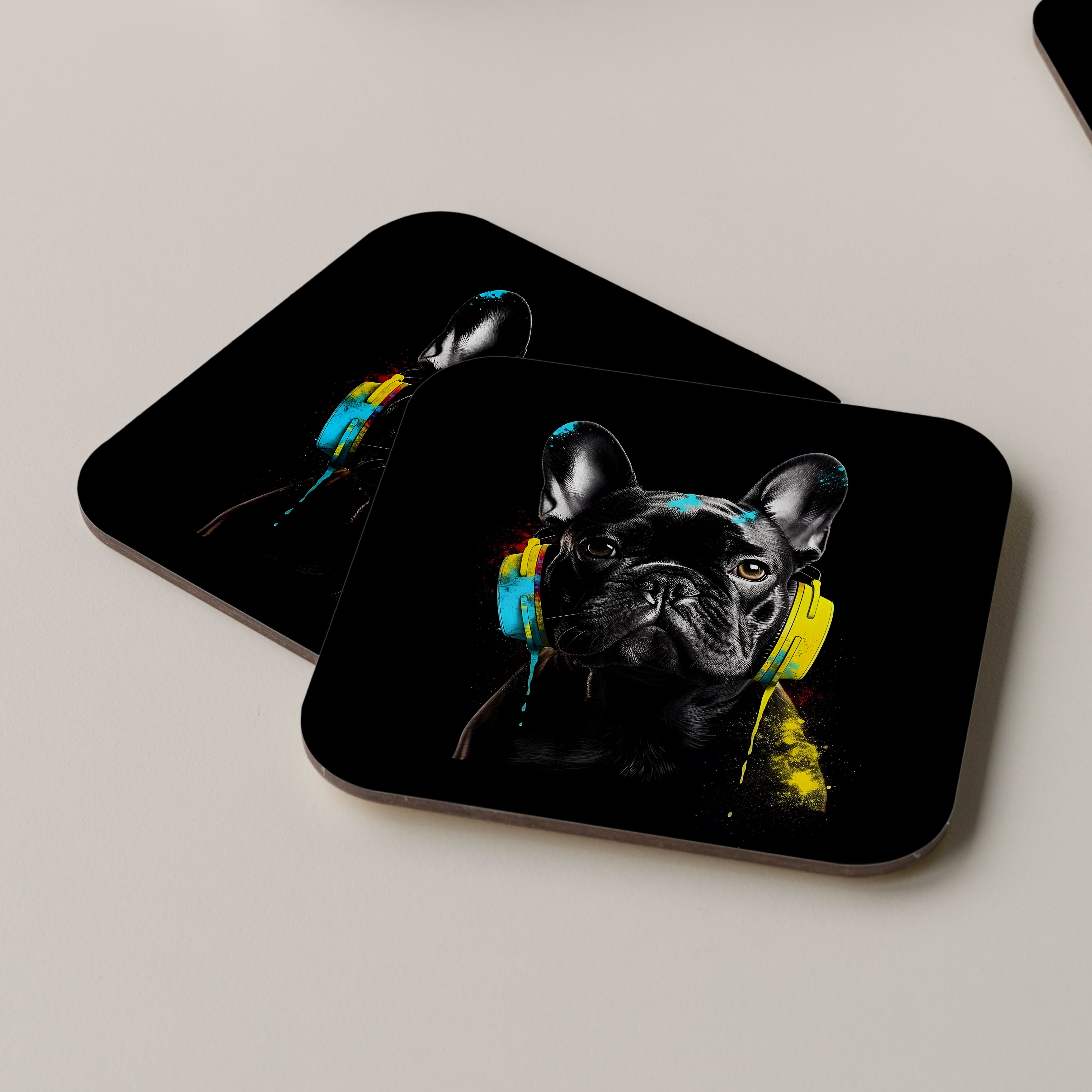 Black French Bulldog Wearing Headphones Coasters