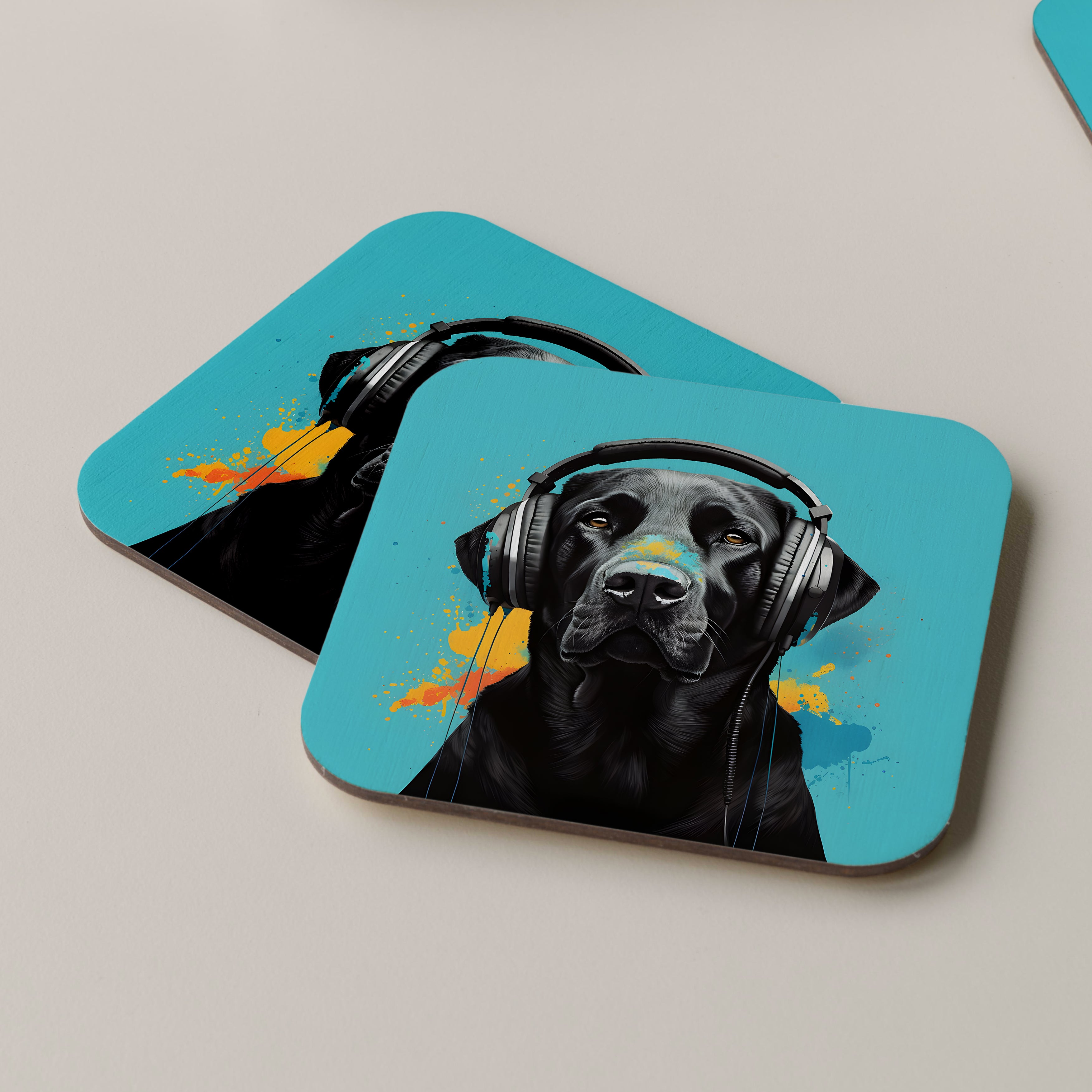 Black Labrador Retriever Wearing Headphones Coasters