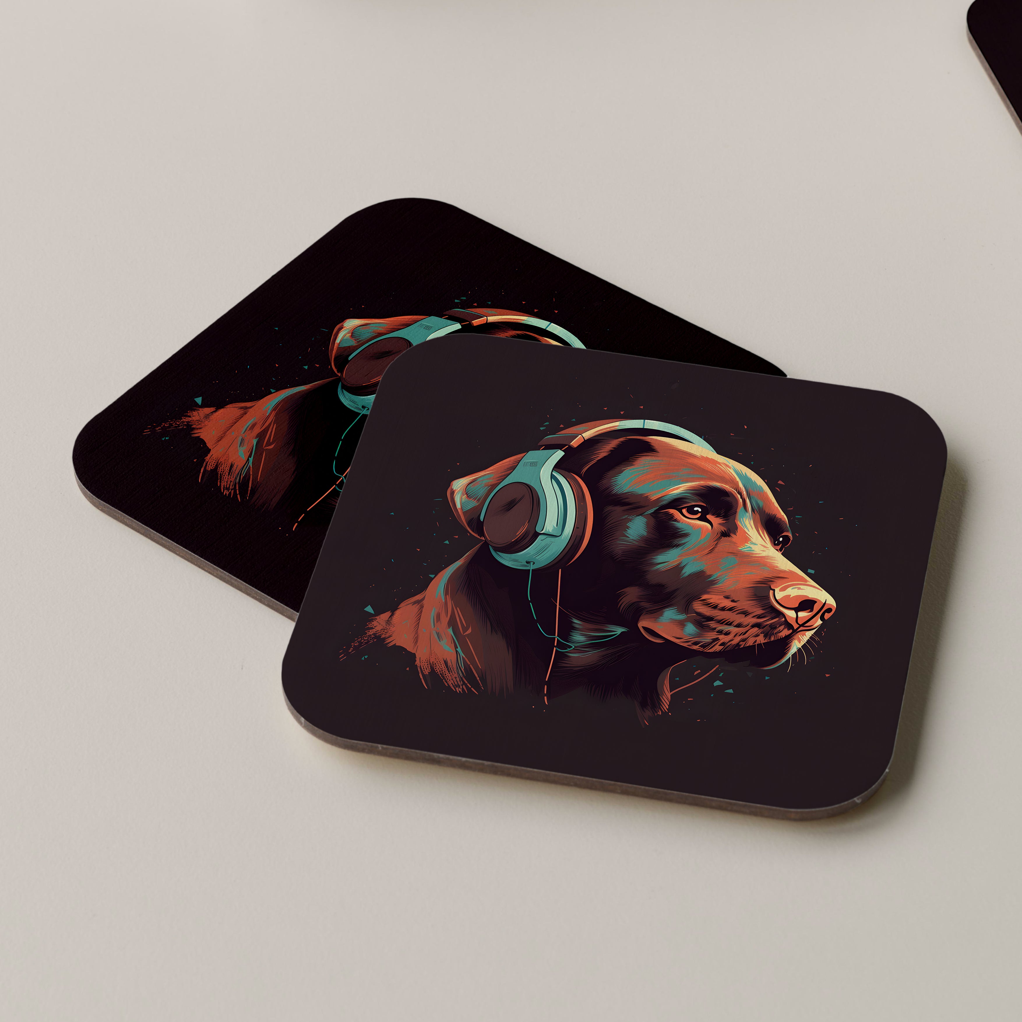 Chocolate Labrador Retriever Wearing Headphones Coasters