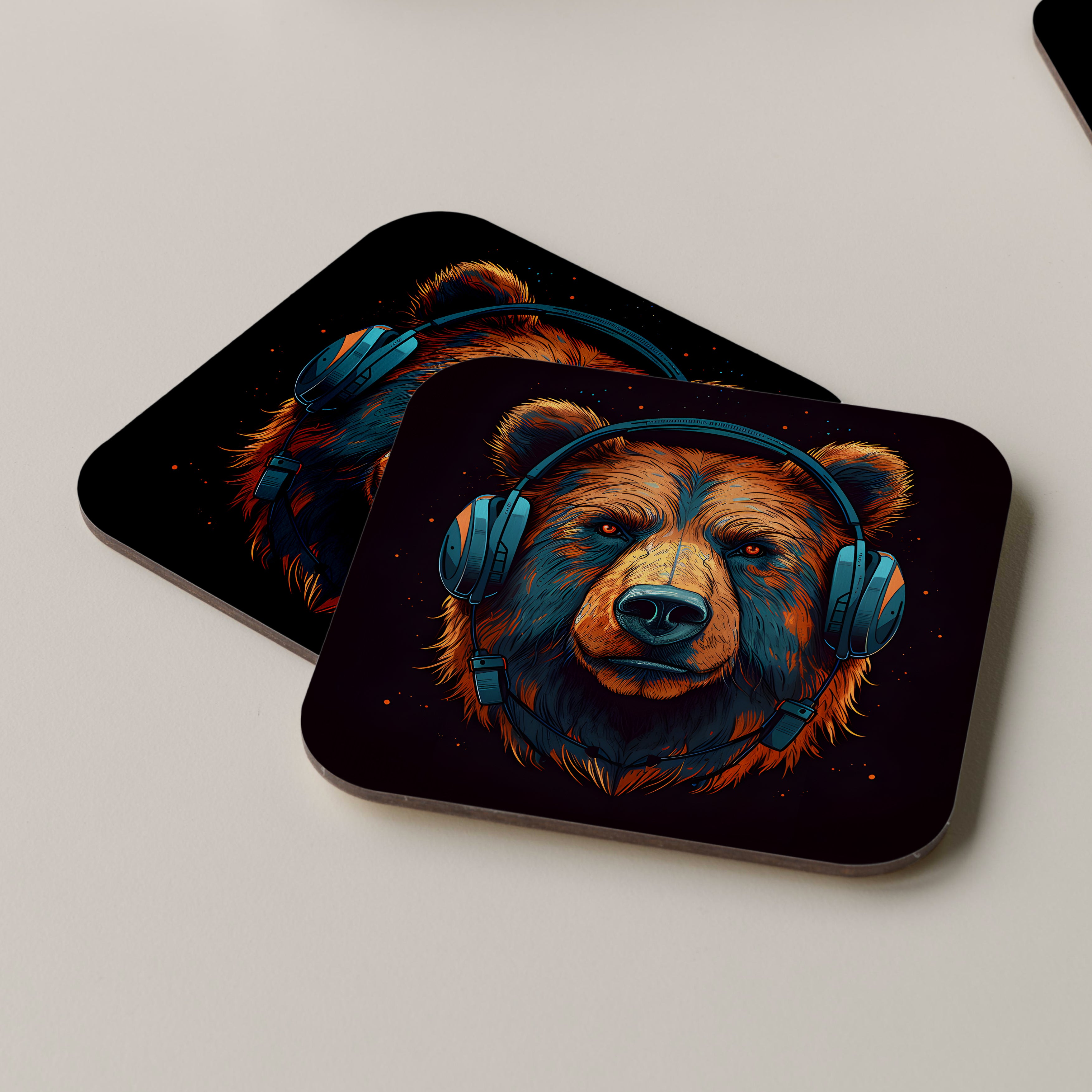Brown Bear Wearing Headphones Coasters