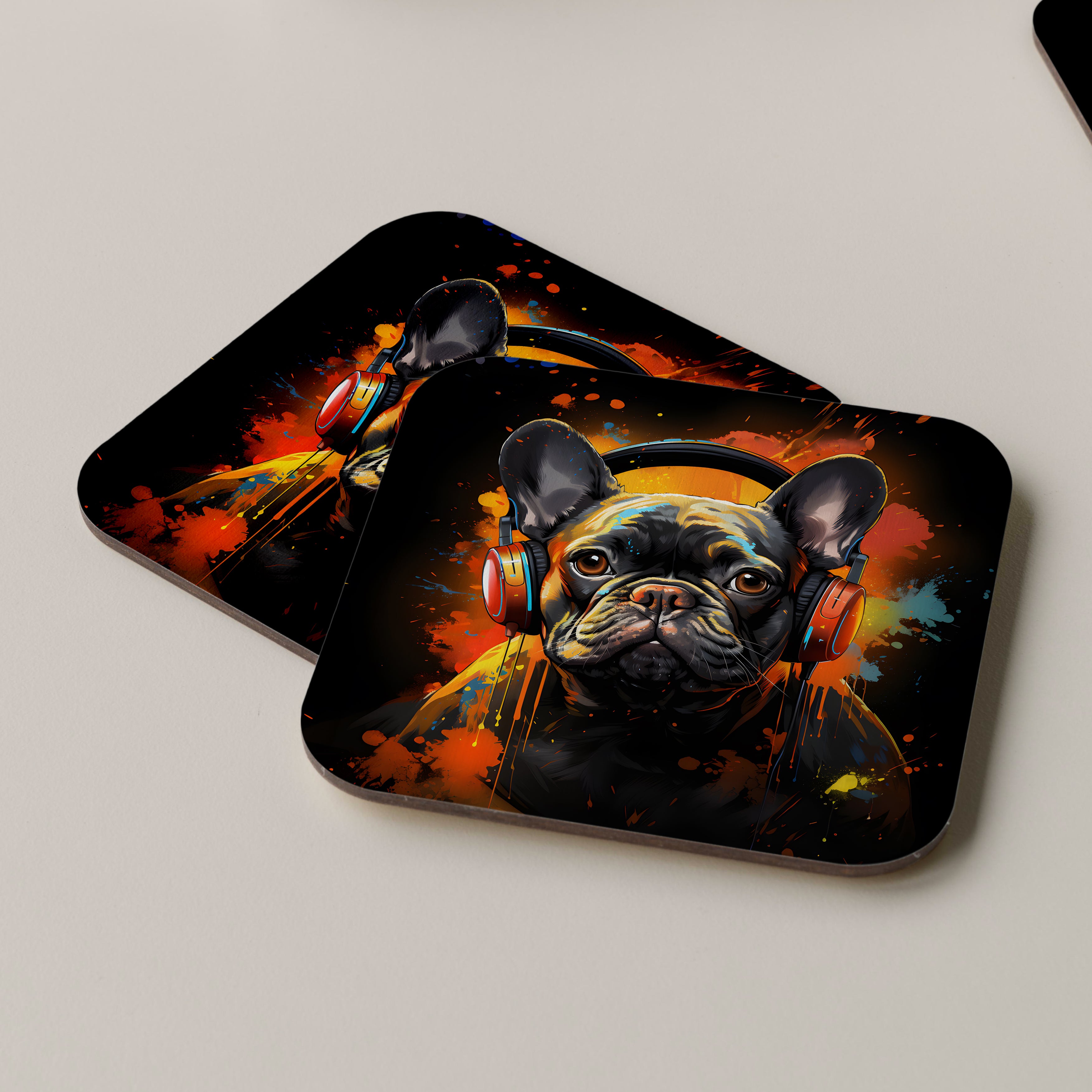 Brown French Bulldog Wearing Headphones Coasters