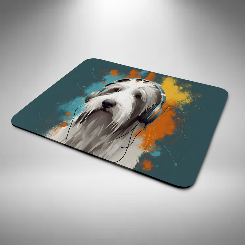 Bearded Collie Wearing Headphones Mouse Mat