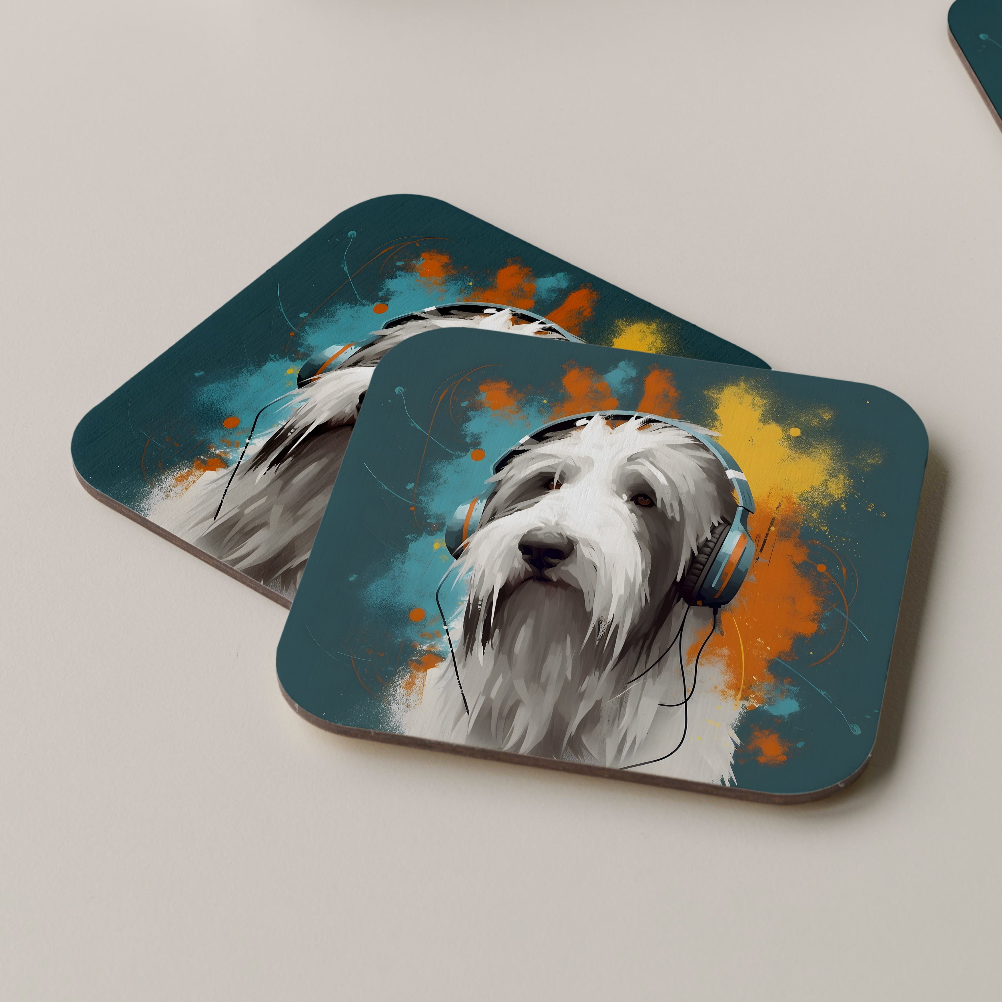 Bearded Collie Wearing Headphones Coasters