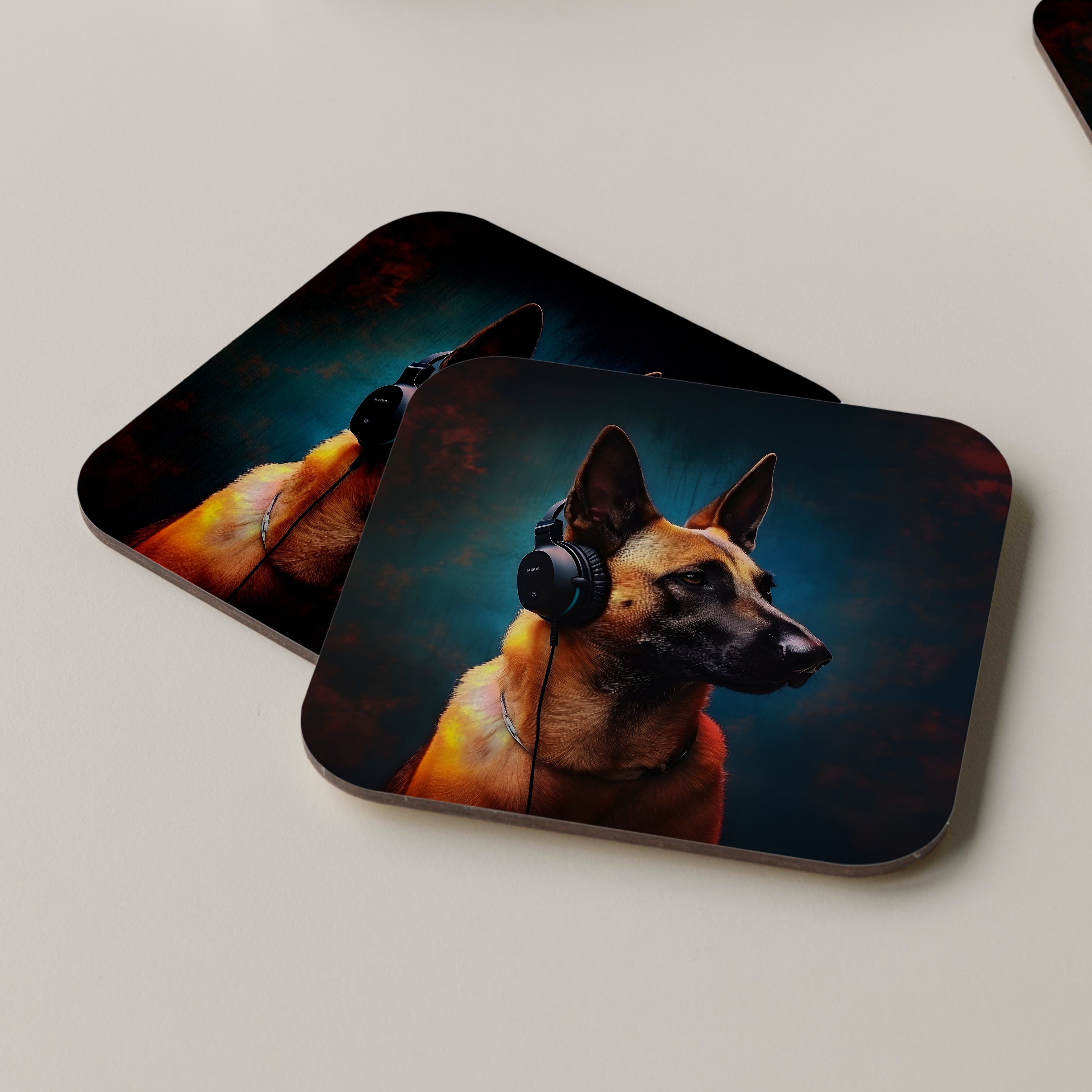 Belgian Malinois Wearing Headphones Coasters