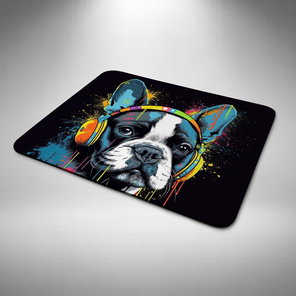 Boston Terrier Wearing Headphones Mouse Mat