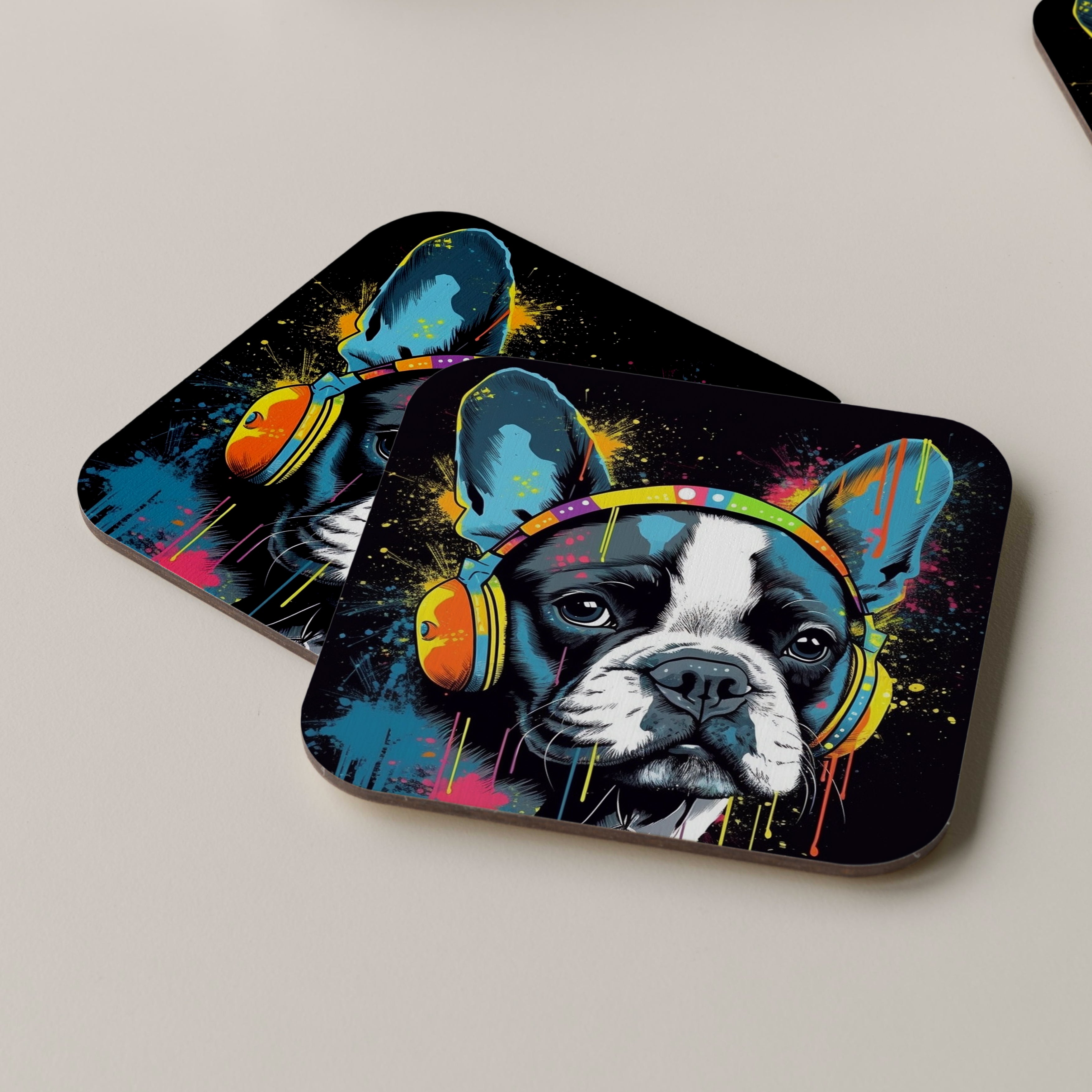 Boston Terrier Wearing Headphones Coasters