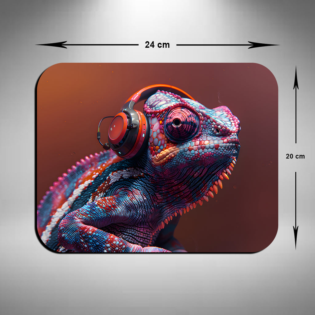 Chameleon Wearing Headphones Mouse Mat