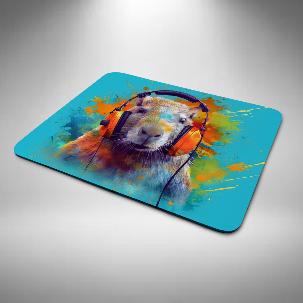 Capybara Wearing Headphones Mouse Mat