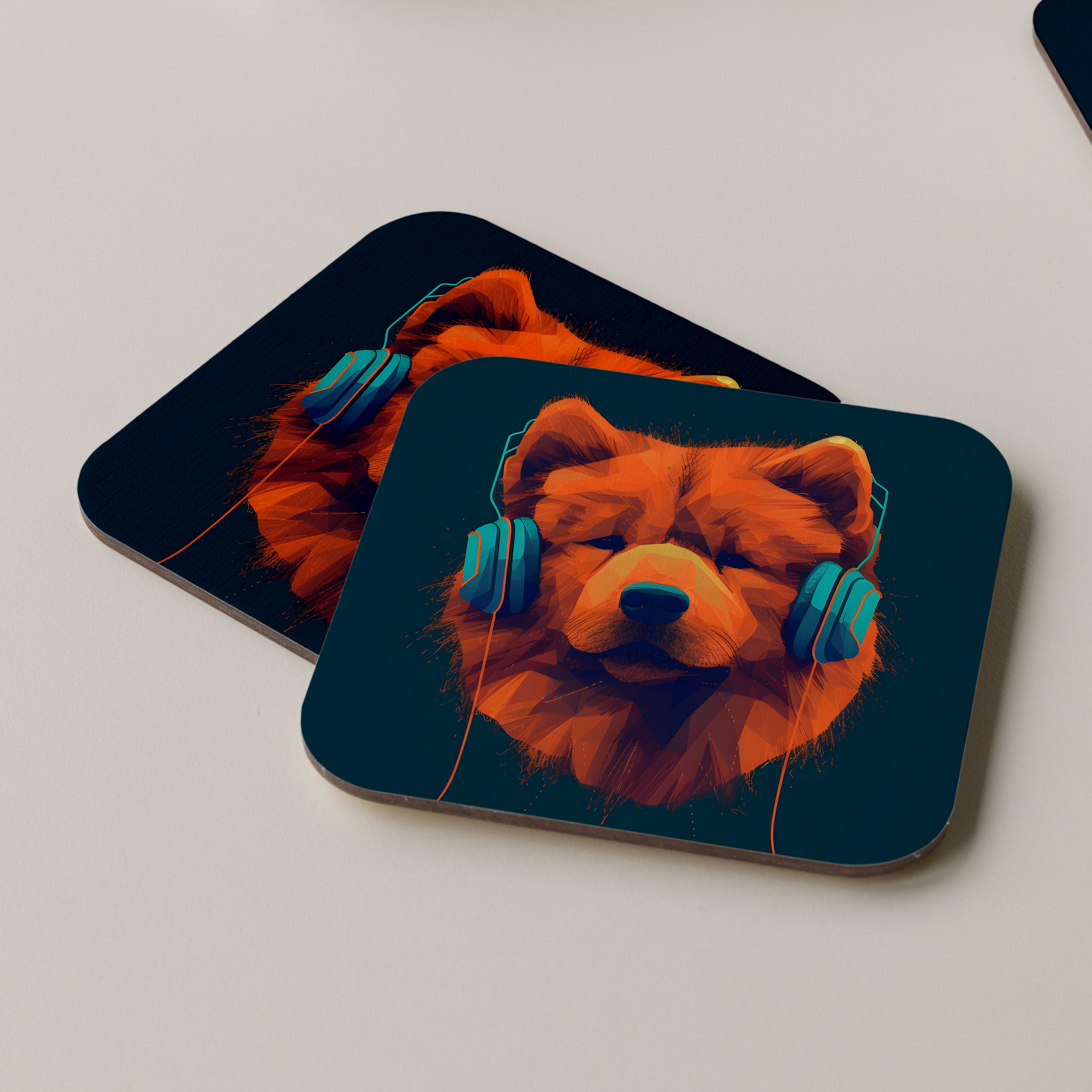 Chow Chow Wearing Headphones Coasters