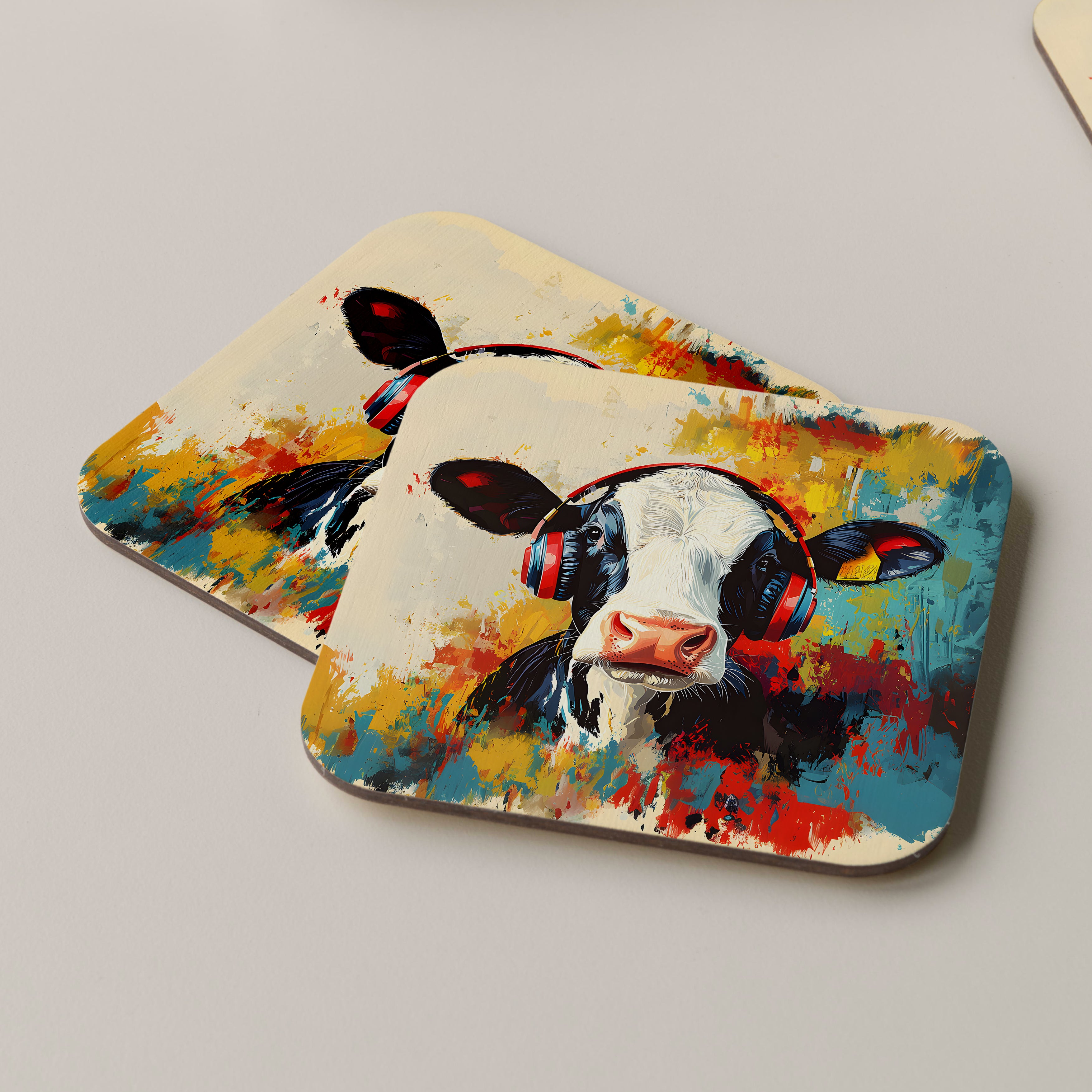 Dairy Cow Wearing Headphones Coasters