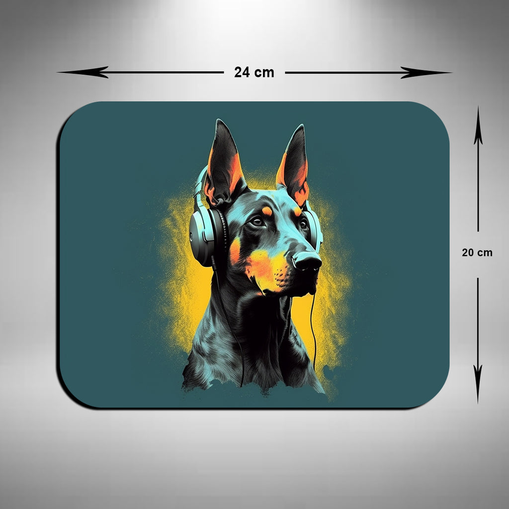 Dobermann Wearing Headphones Mouse Mat