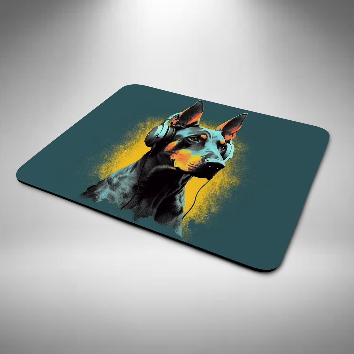 Dobermann Wearing Headphones Mouse Mat