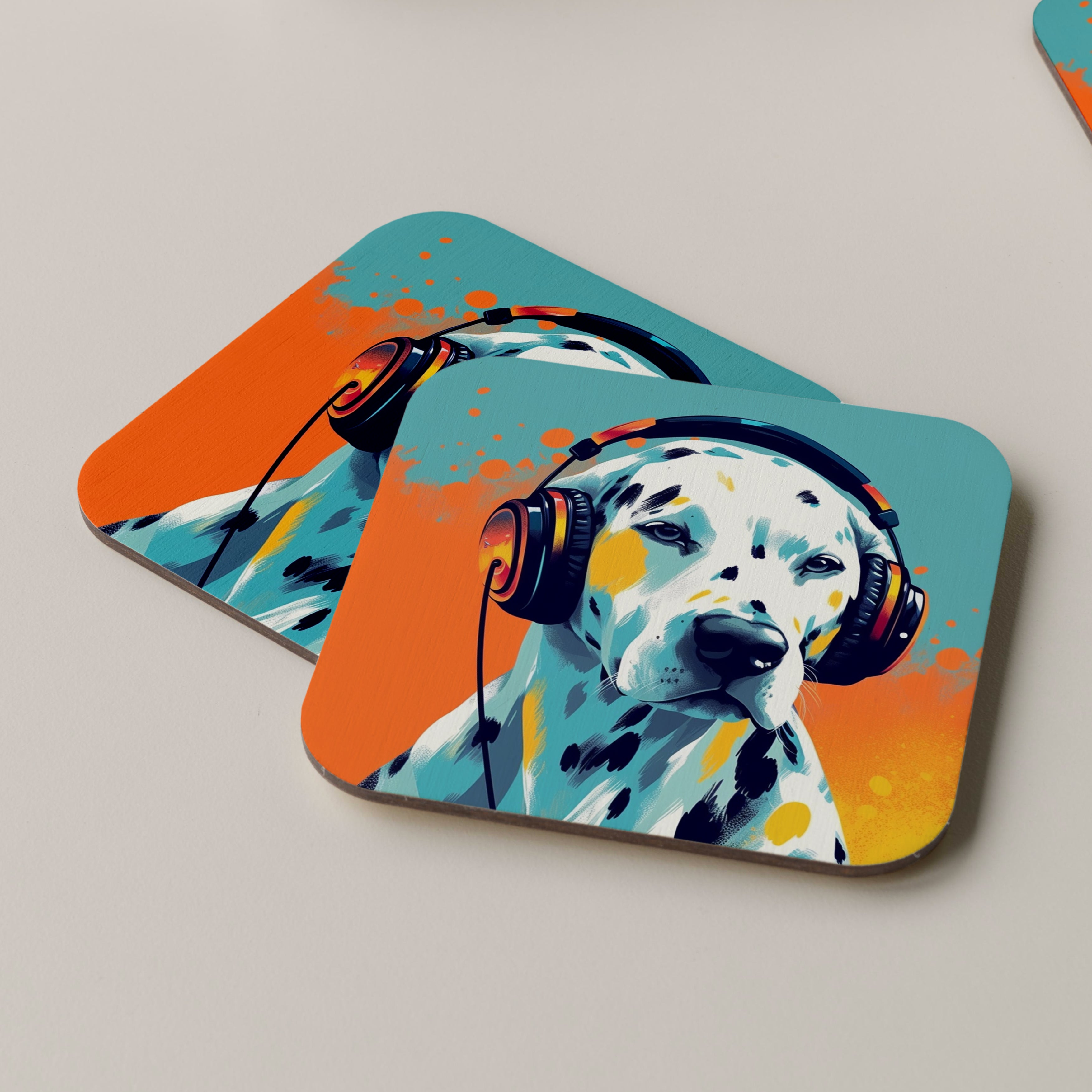 Dalmatian Dog Wearing Headphones Coasters