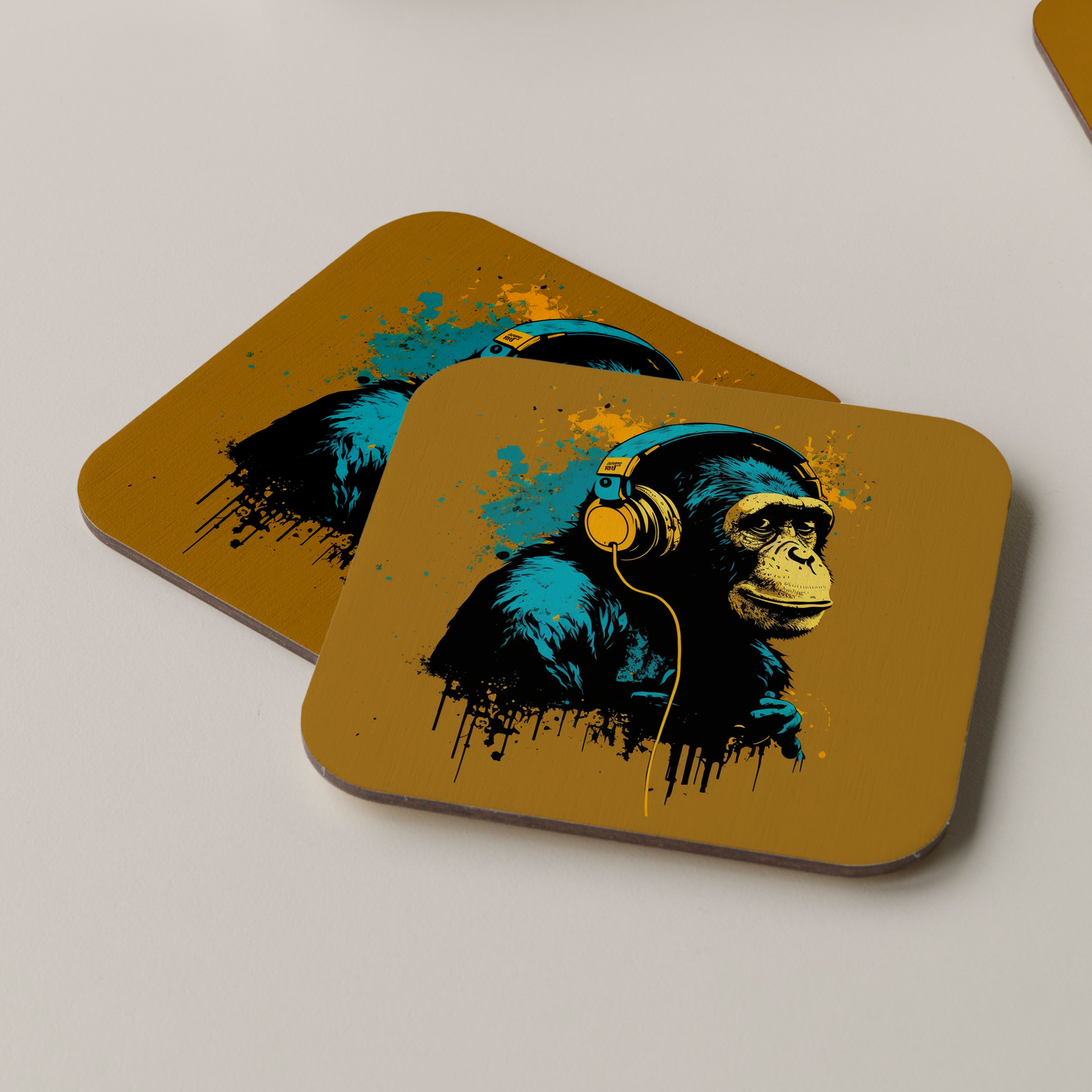 Chimpanzee Wearing Headphones Coasters