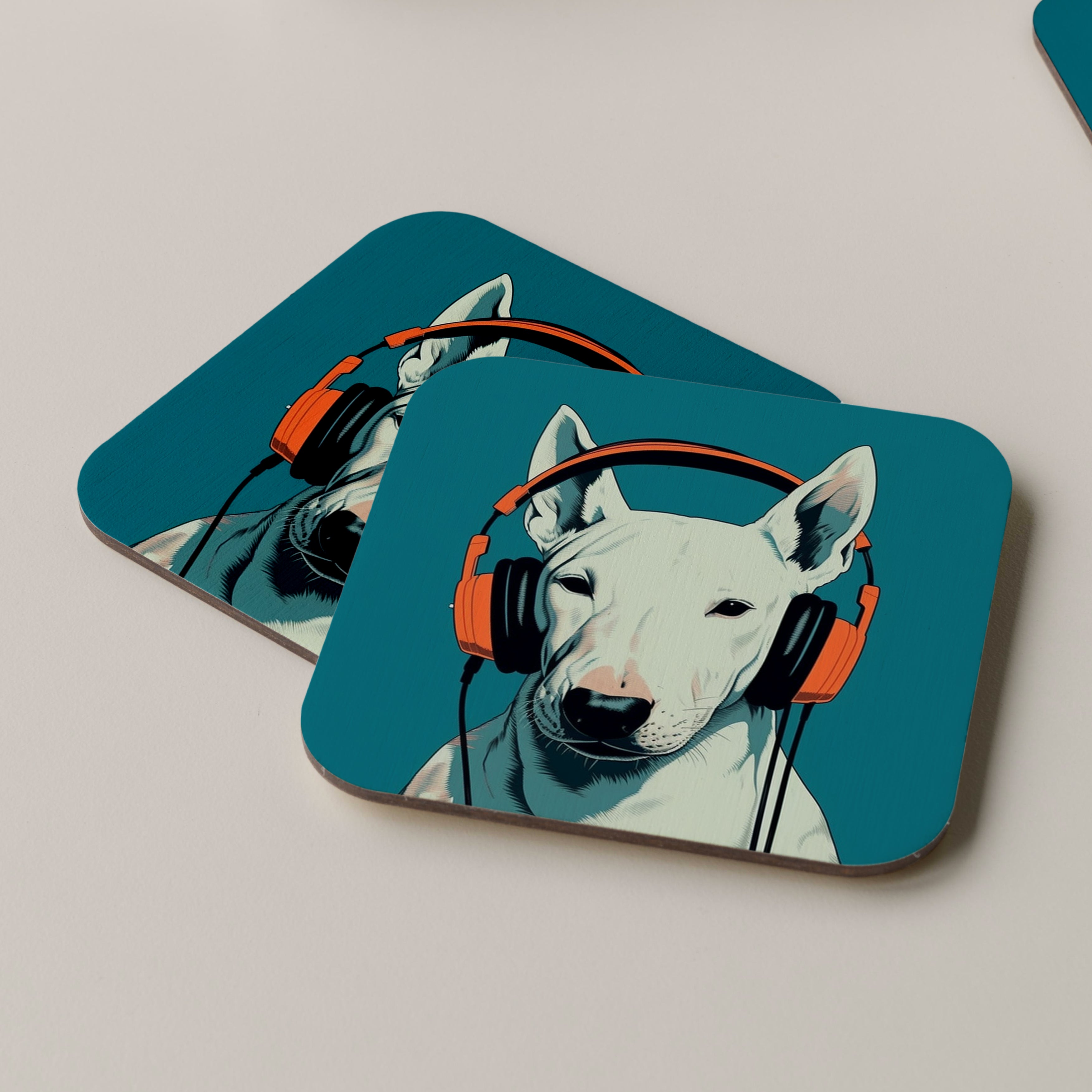 English Bull Terrier wearing Headphones Coasters