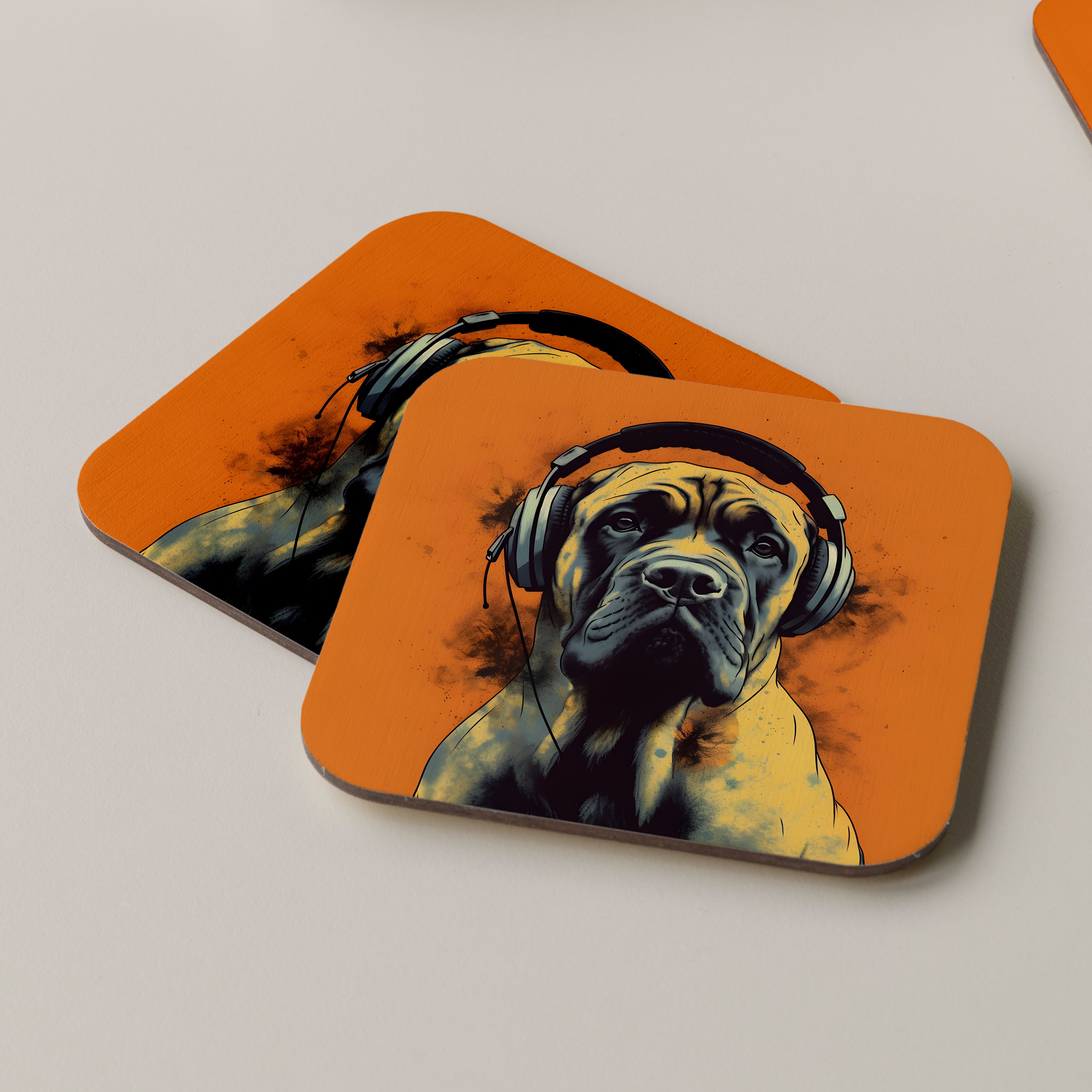 English Bullmastiff Wearing Headphones Coasters