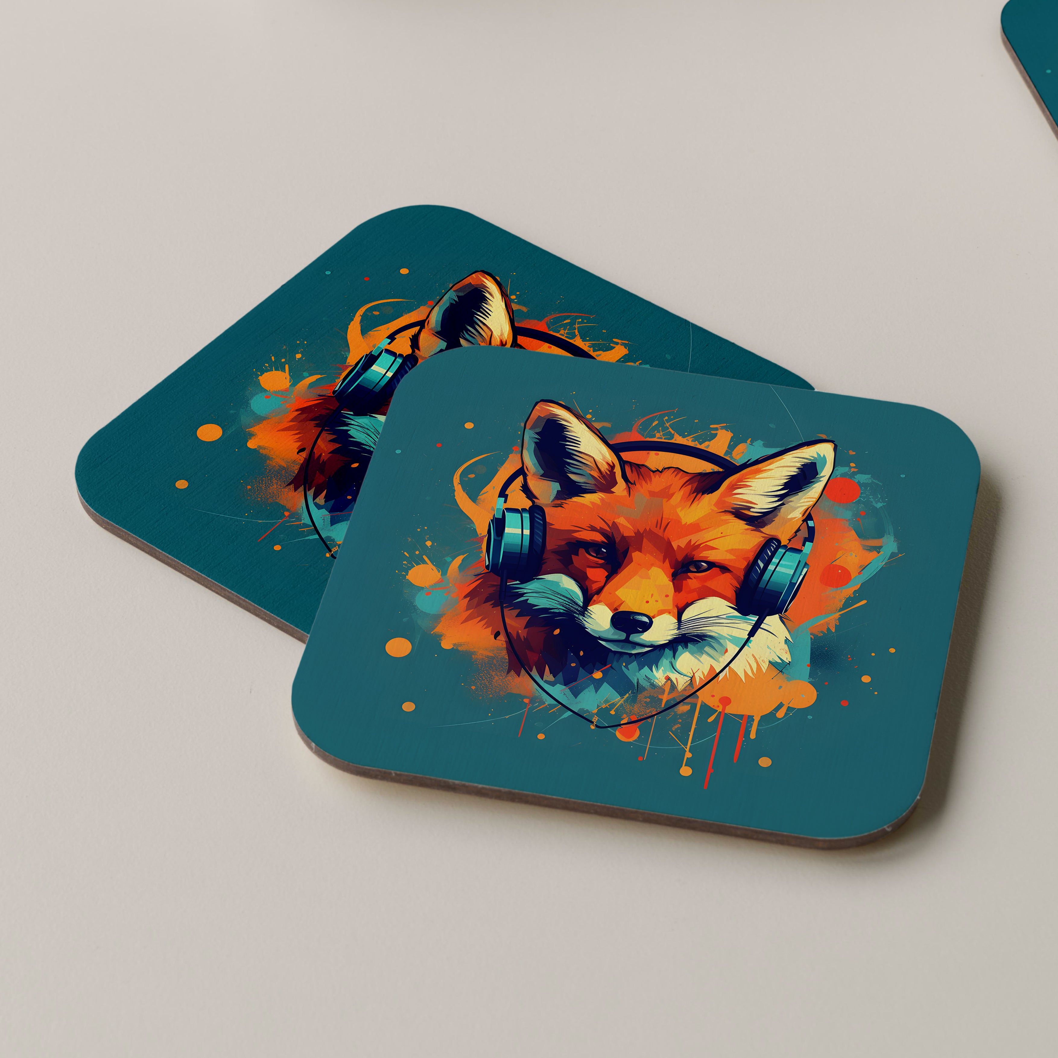 Fox Wearing Headphones Coasters
