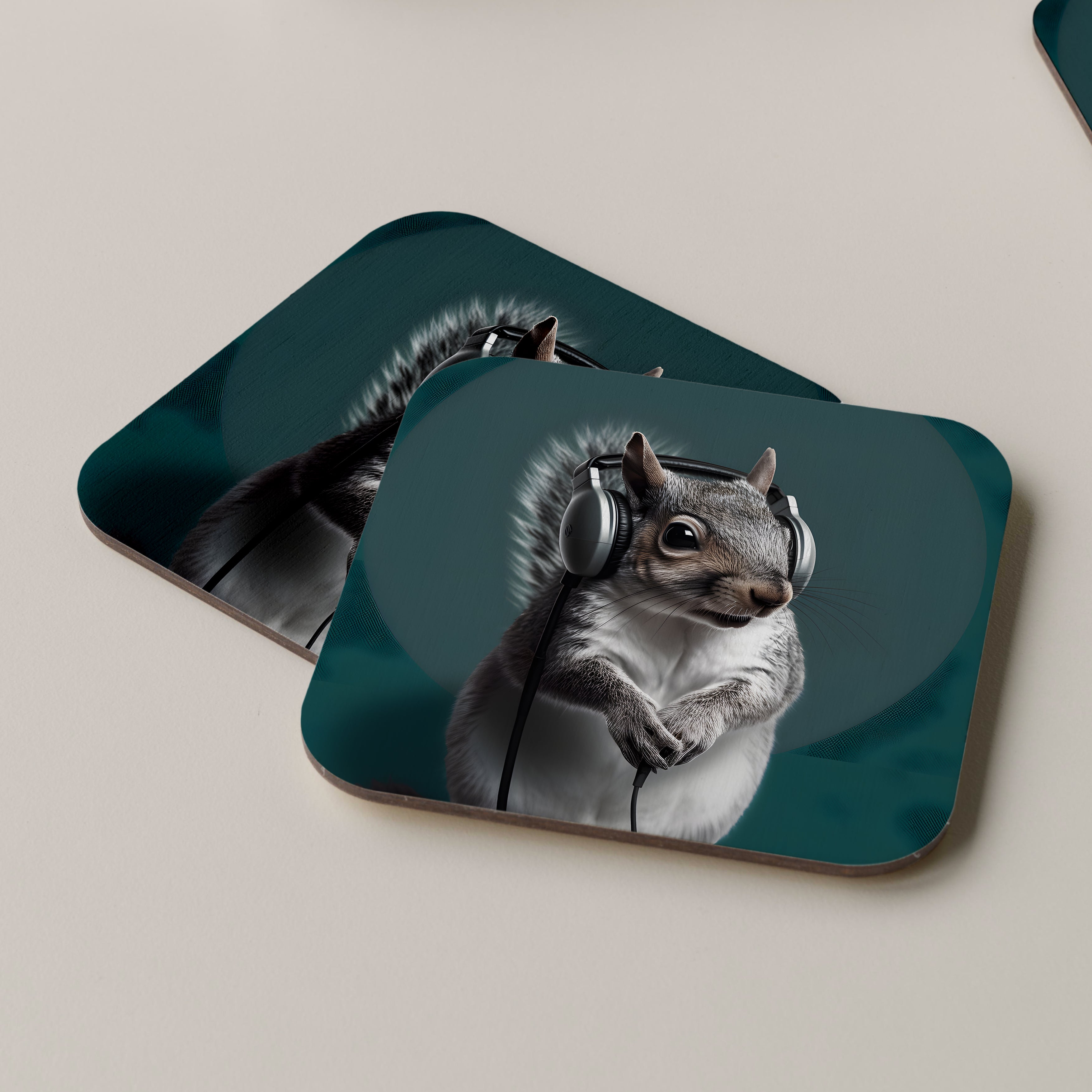 Grey Squirrel Wearing Headphones Coasters