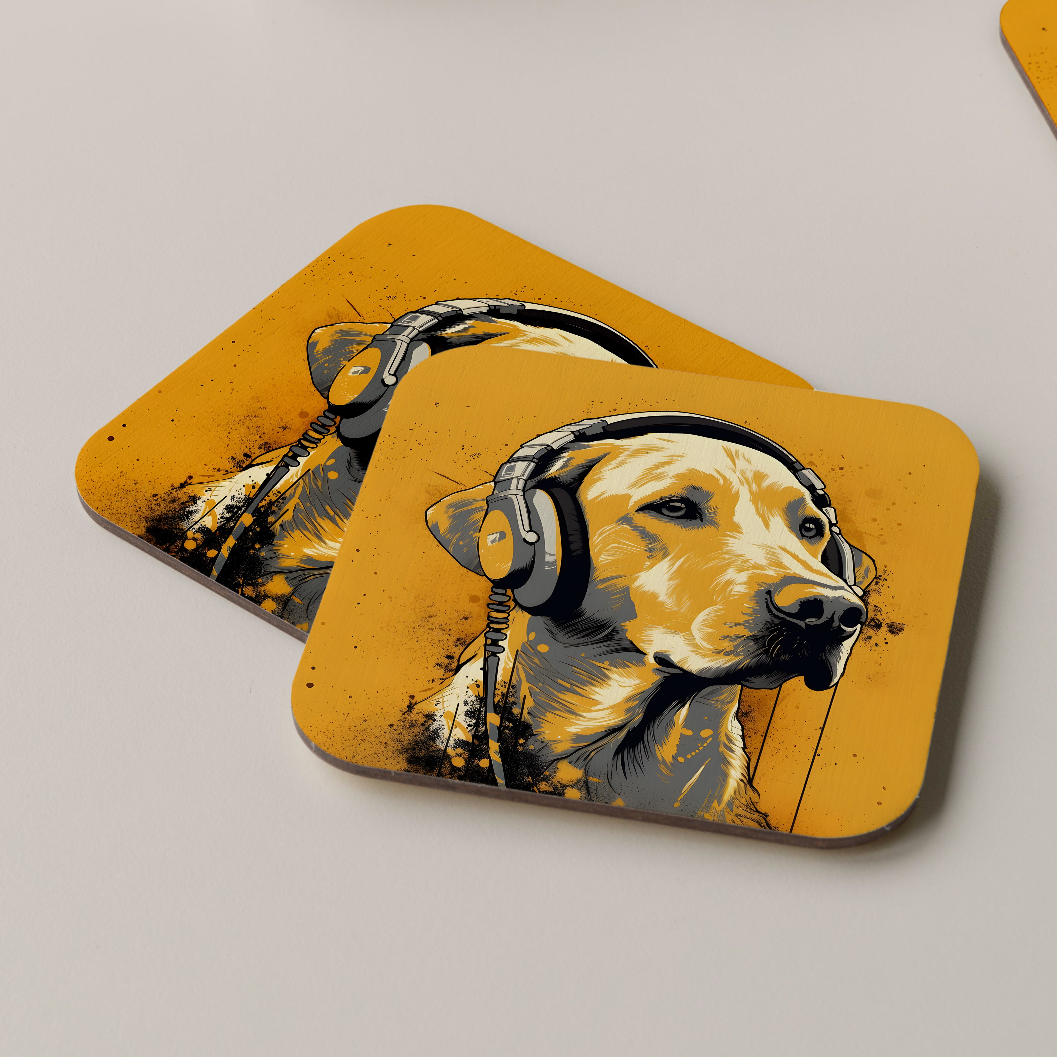 Golden Labrador Retriever Wearing Headphones Coasters