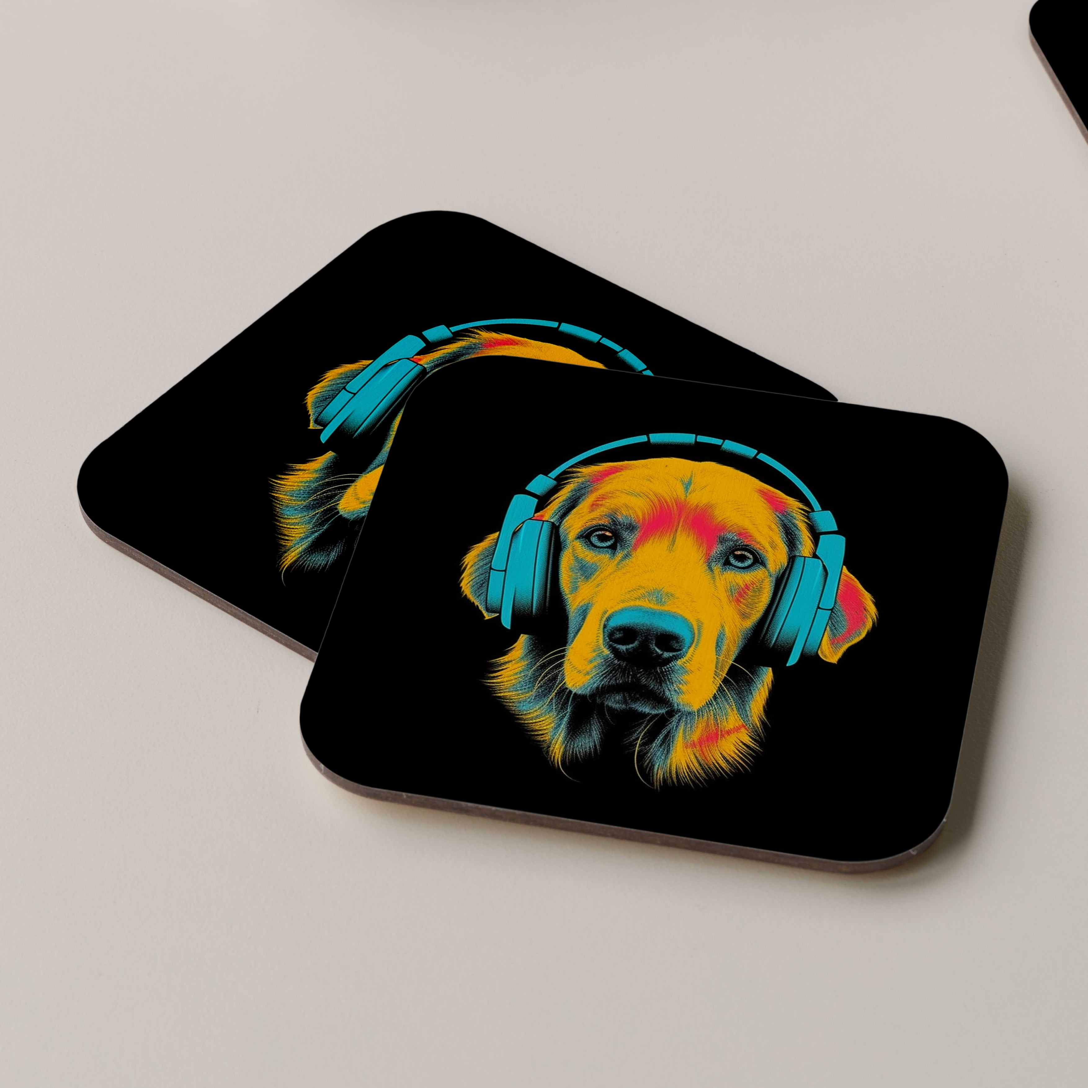 Golden Retriever Wearing Headphones Coasters