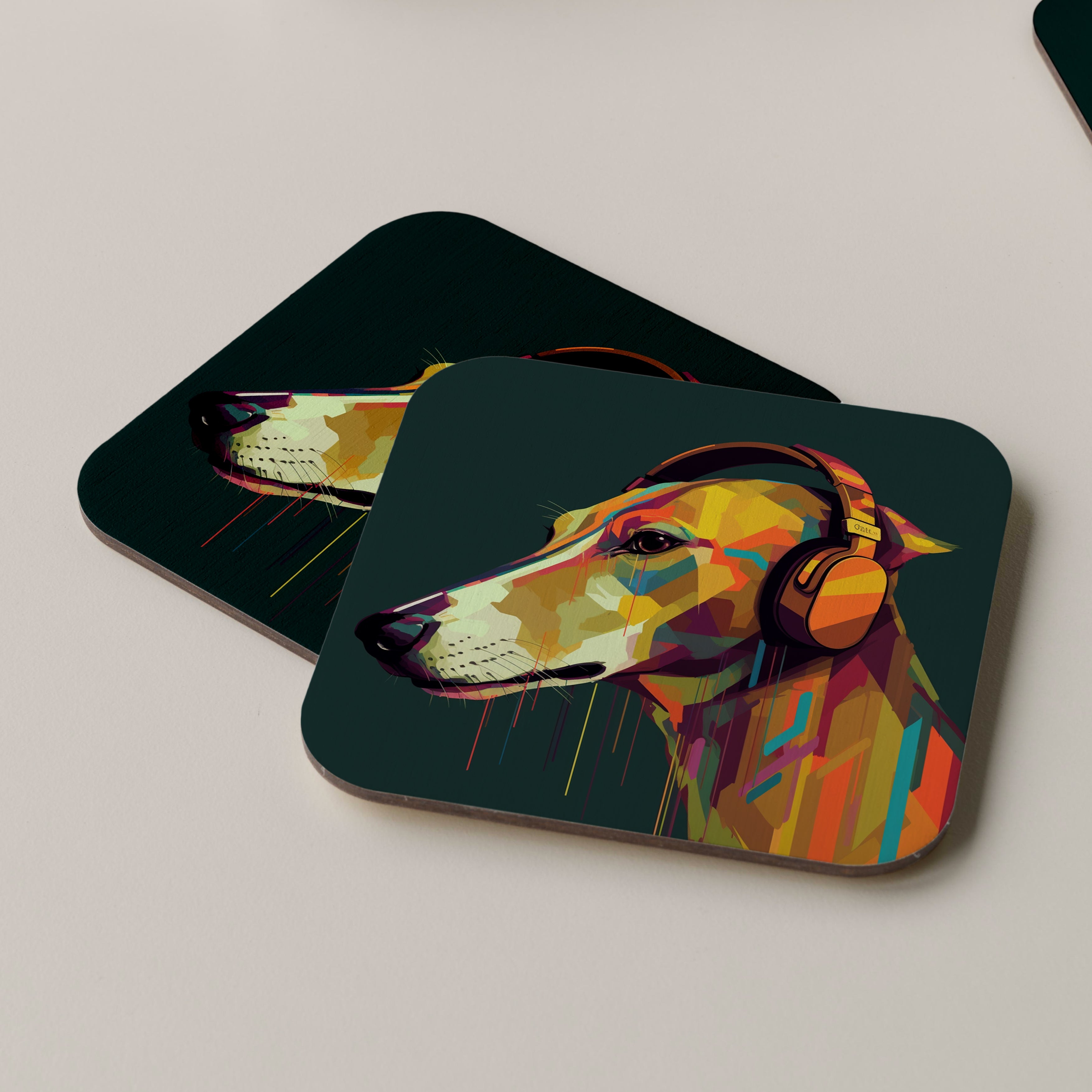 Greyhound Wearing Headphones Coasters