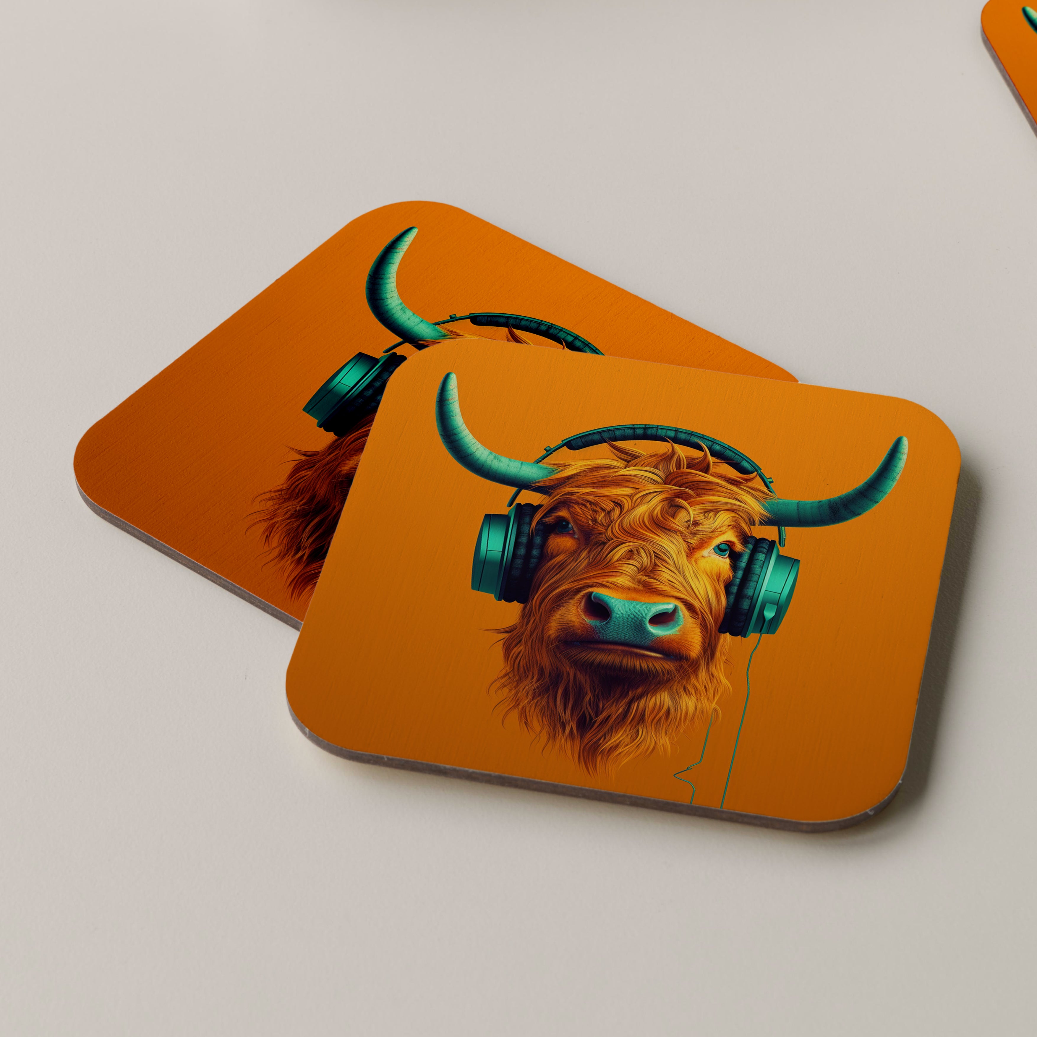 Highland Cattle Wearing Headphones Coasters