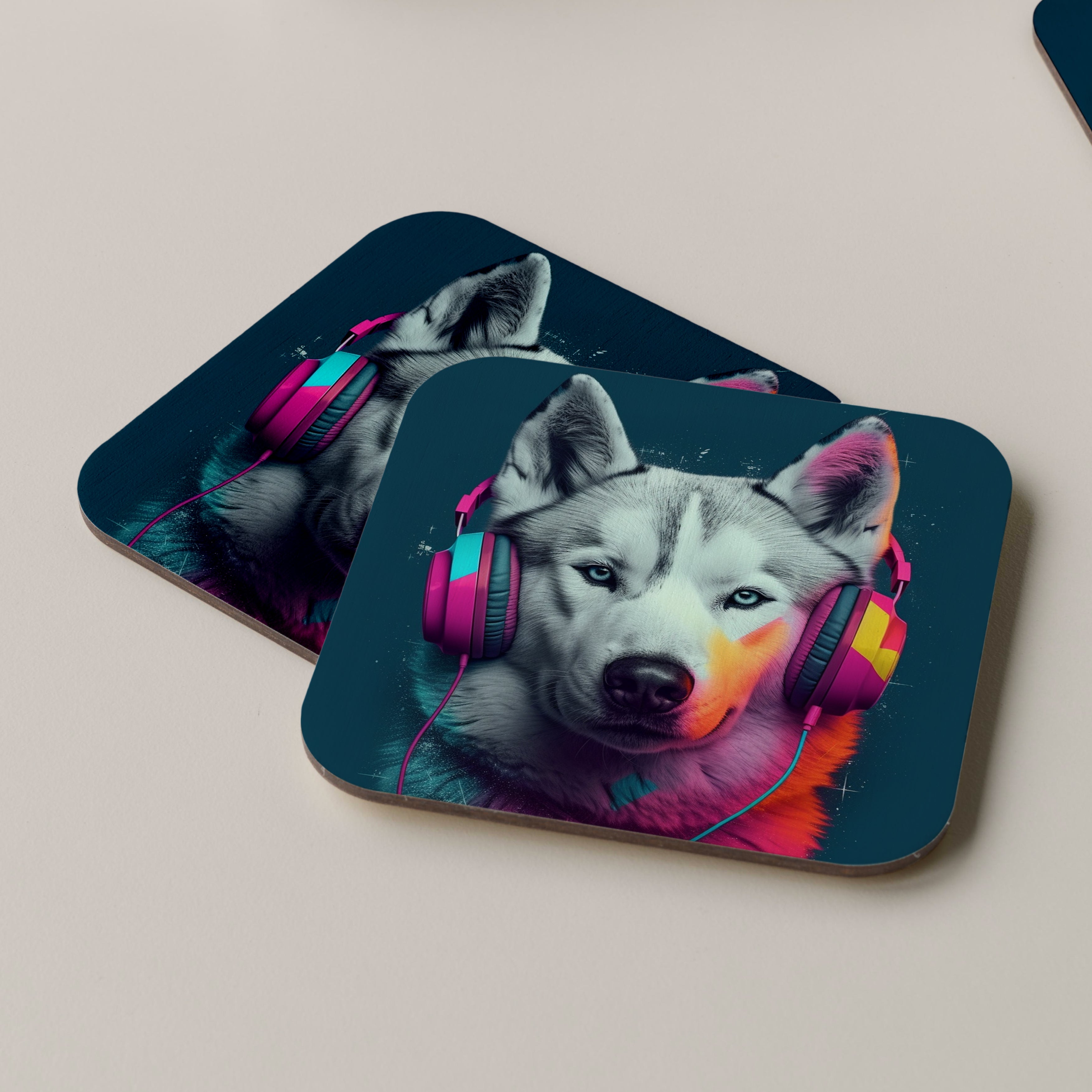 Husky Wearing Headphones Coasters