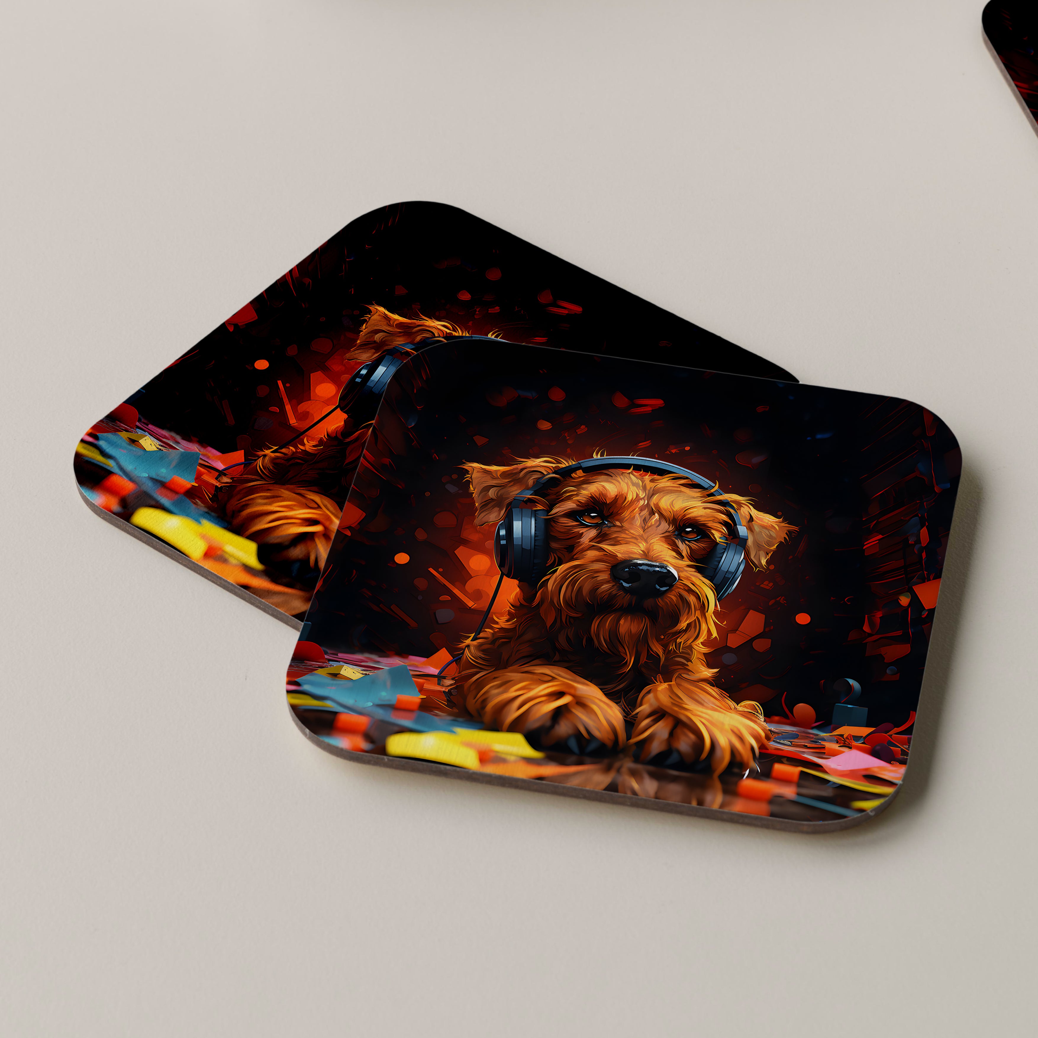 Irish Terrier Wearing Headphones Coasters