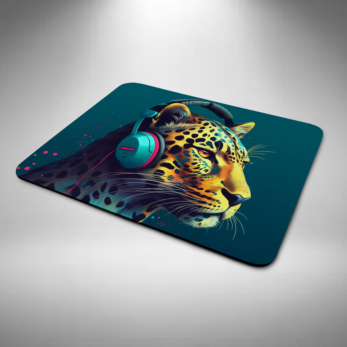 Leopard Wearing Headphones Mouse Mat