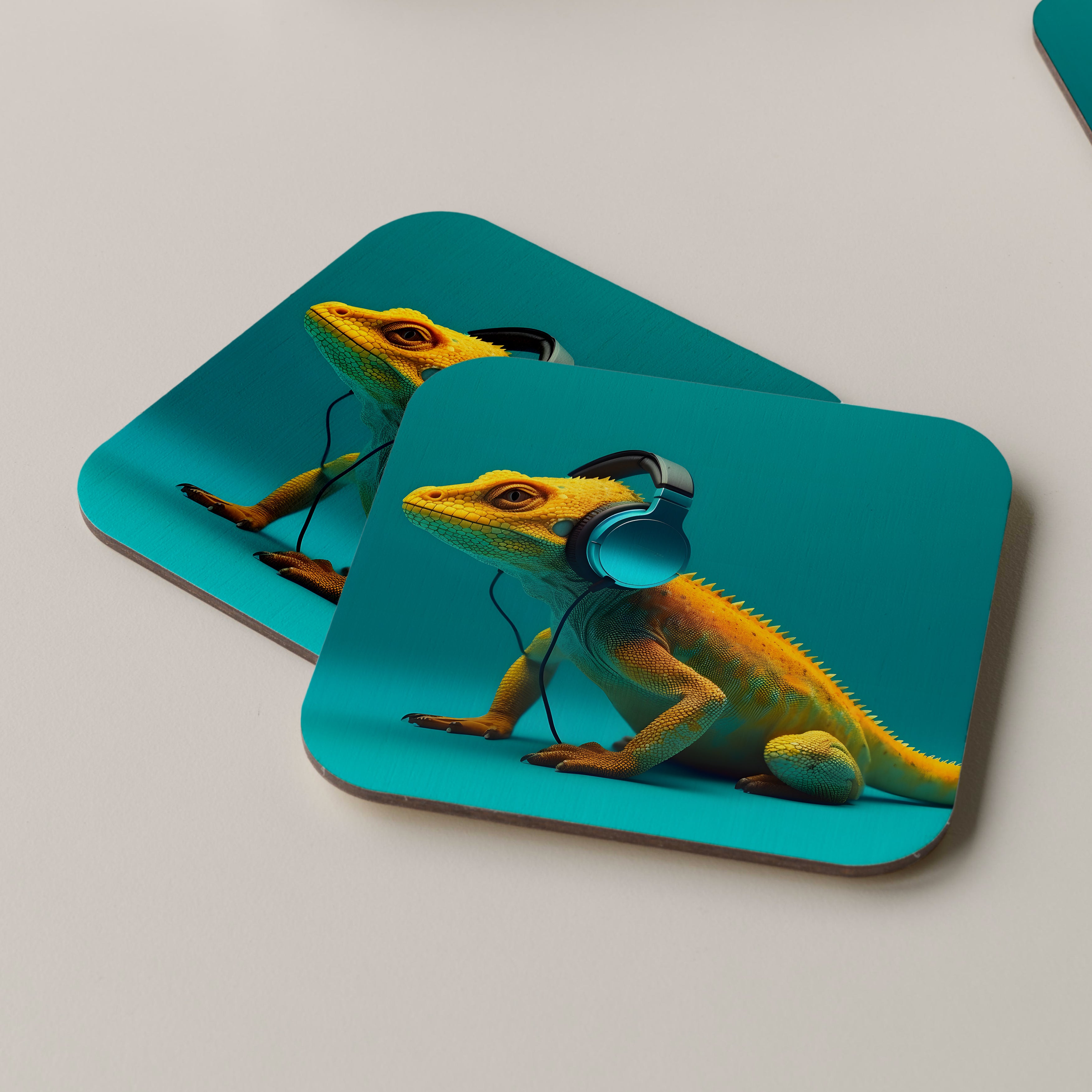 Lizard Wearing Headphones Coasters