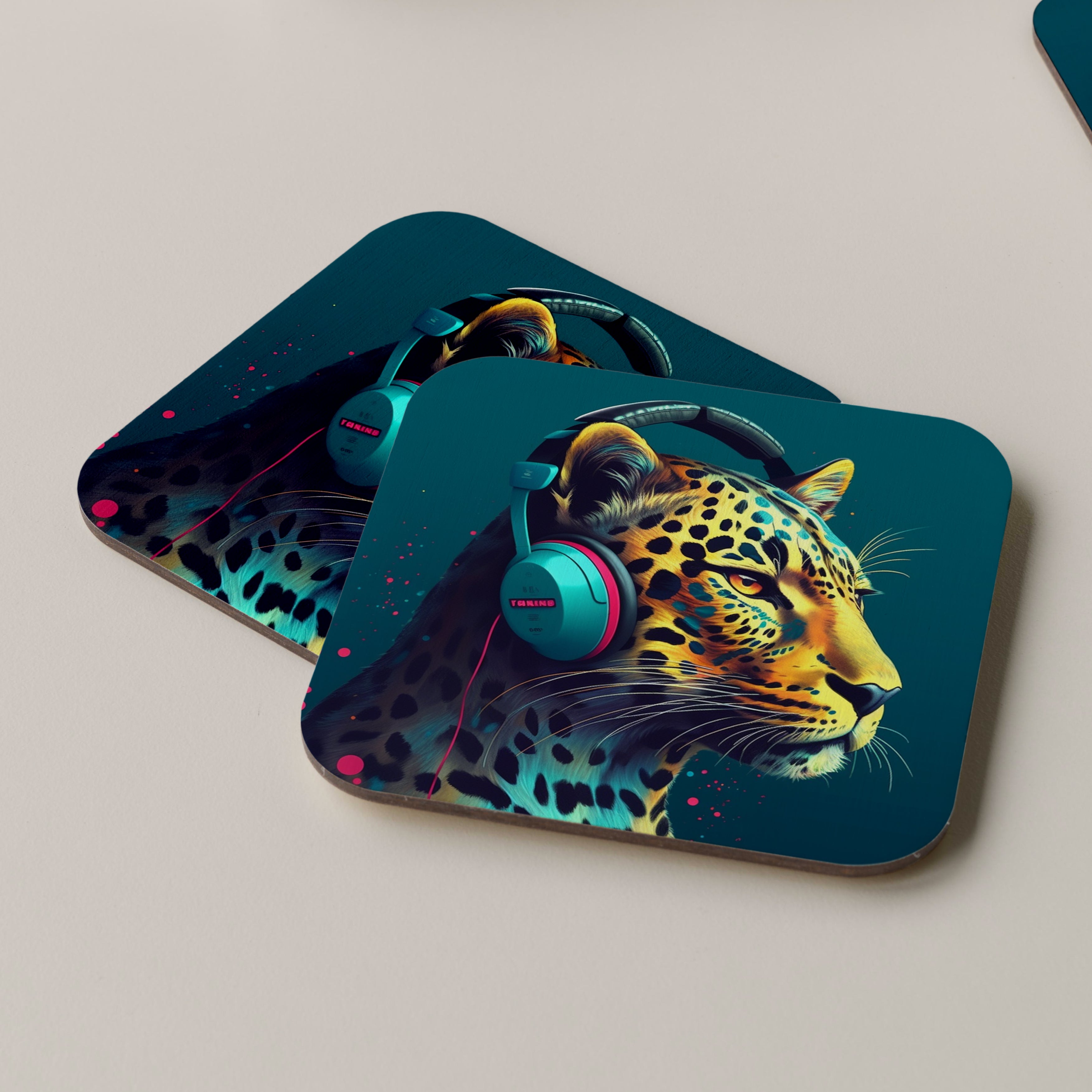 Leopard Wearing Headphones Coasters
