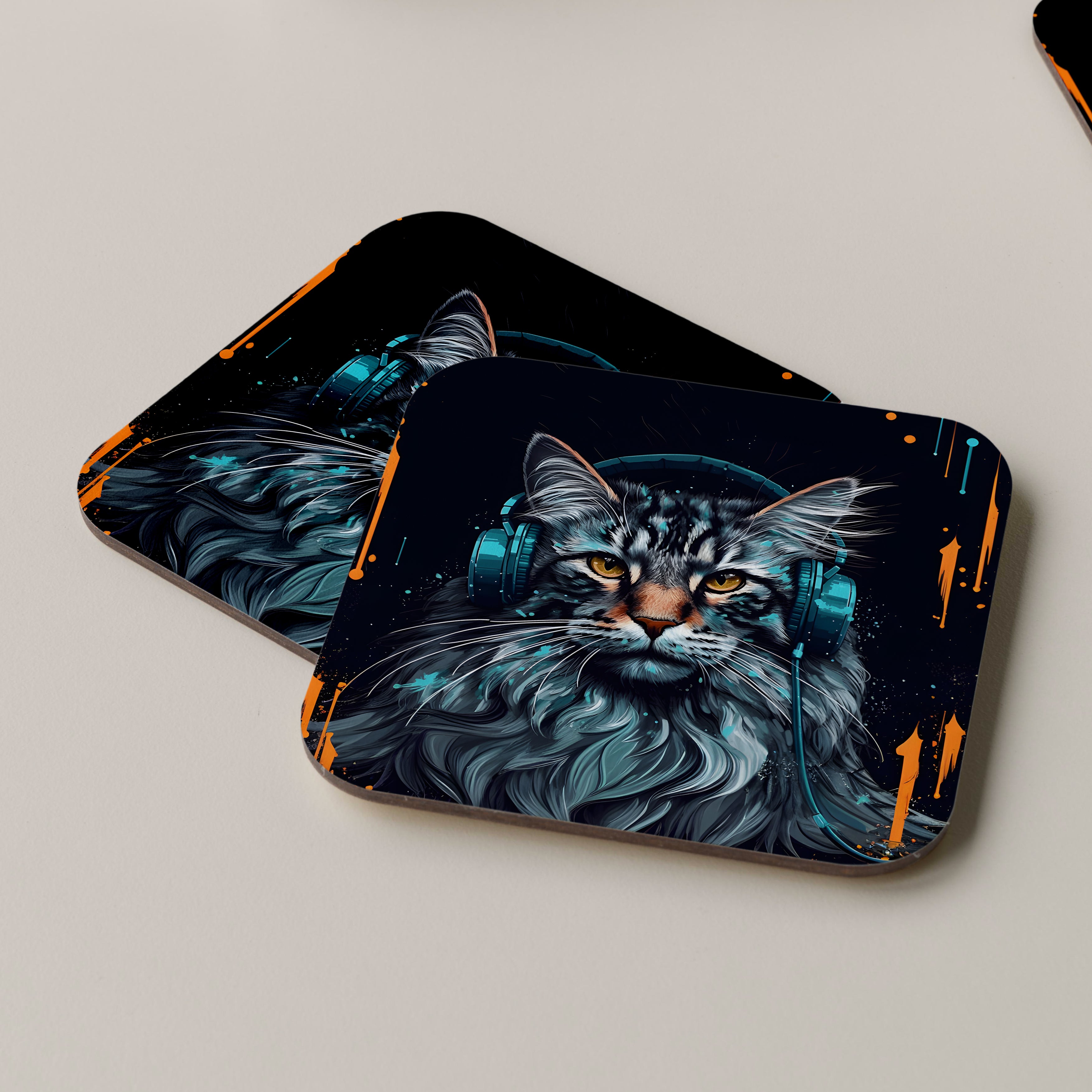 Maine Coon Wearing Headphones Coasters