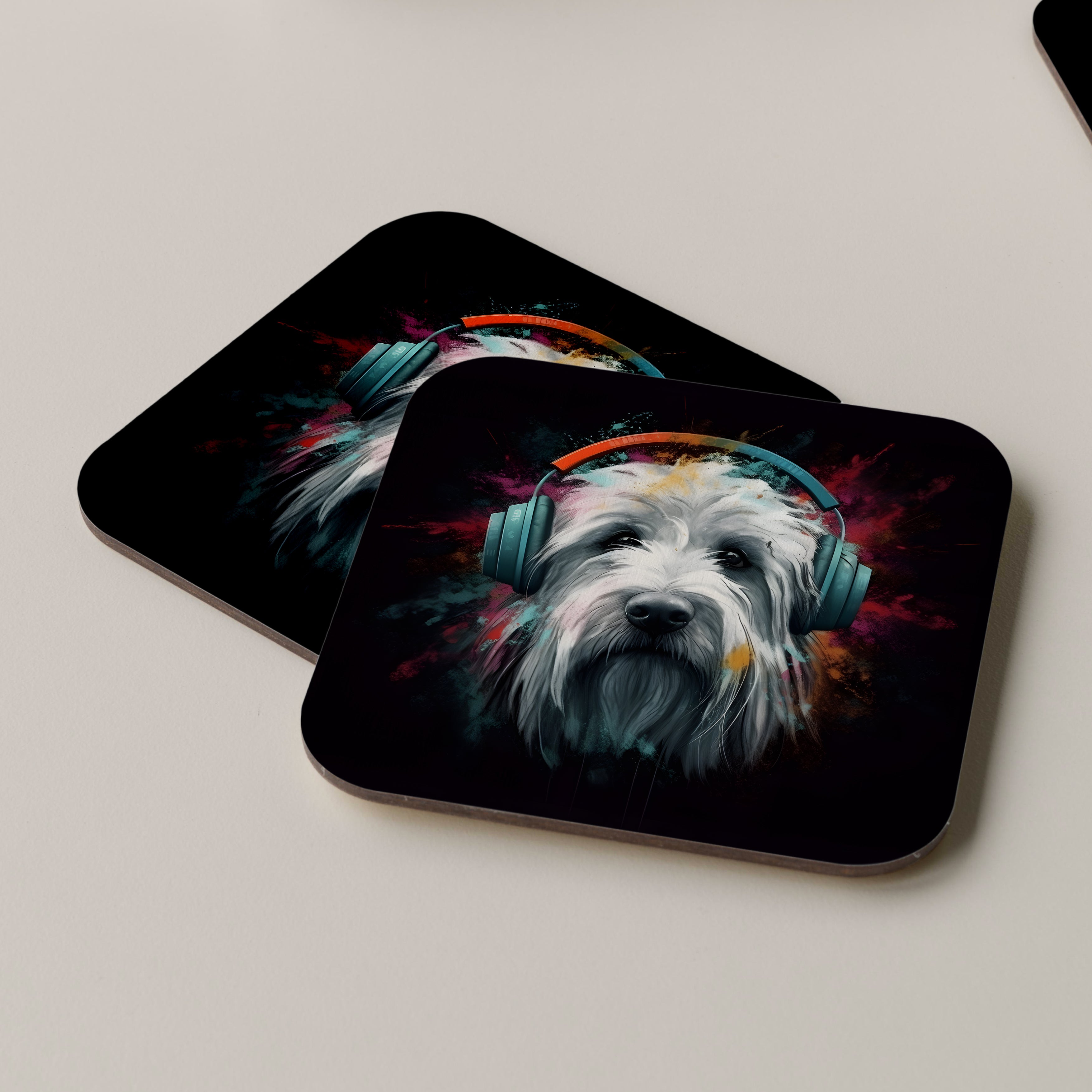 Old English Sheepdog Wearing Headphones Coasters