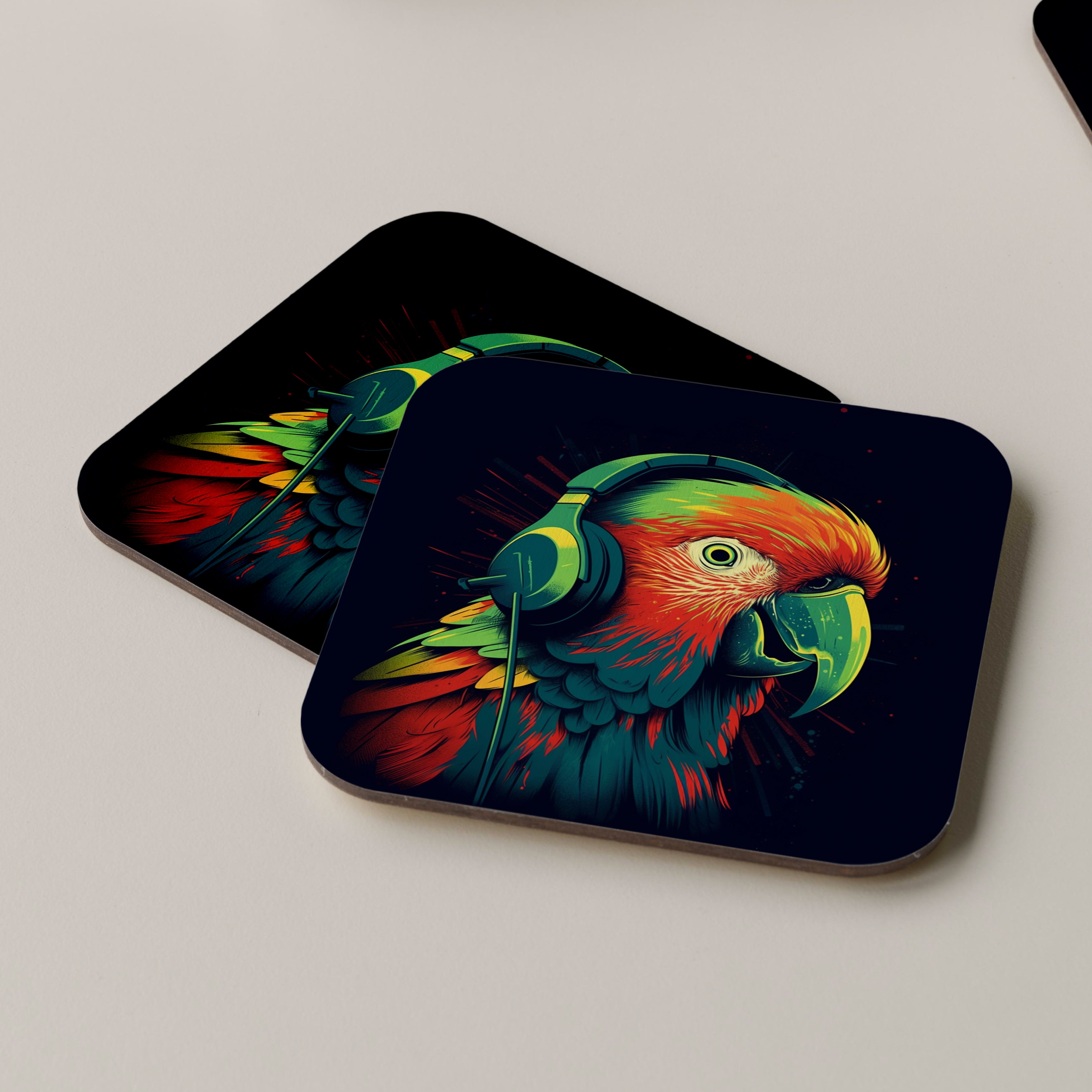 Parrot Wearing Headphones Coasters