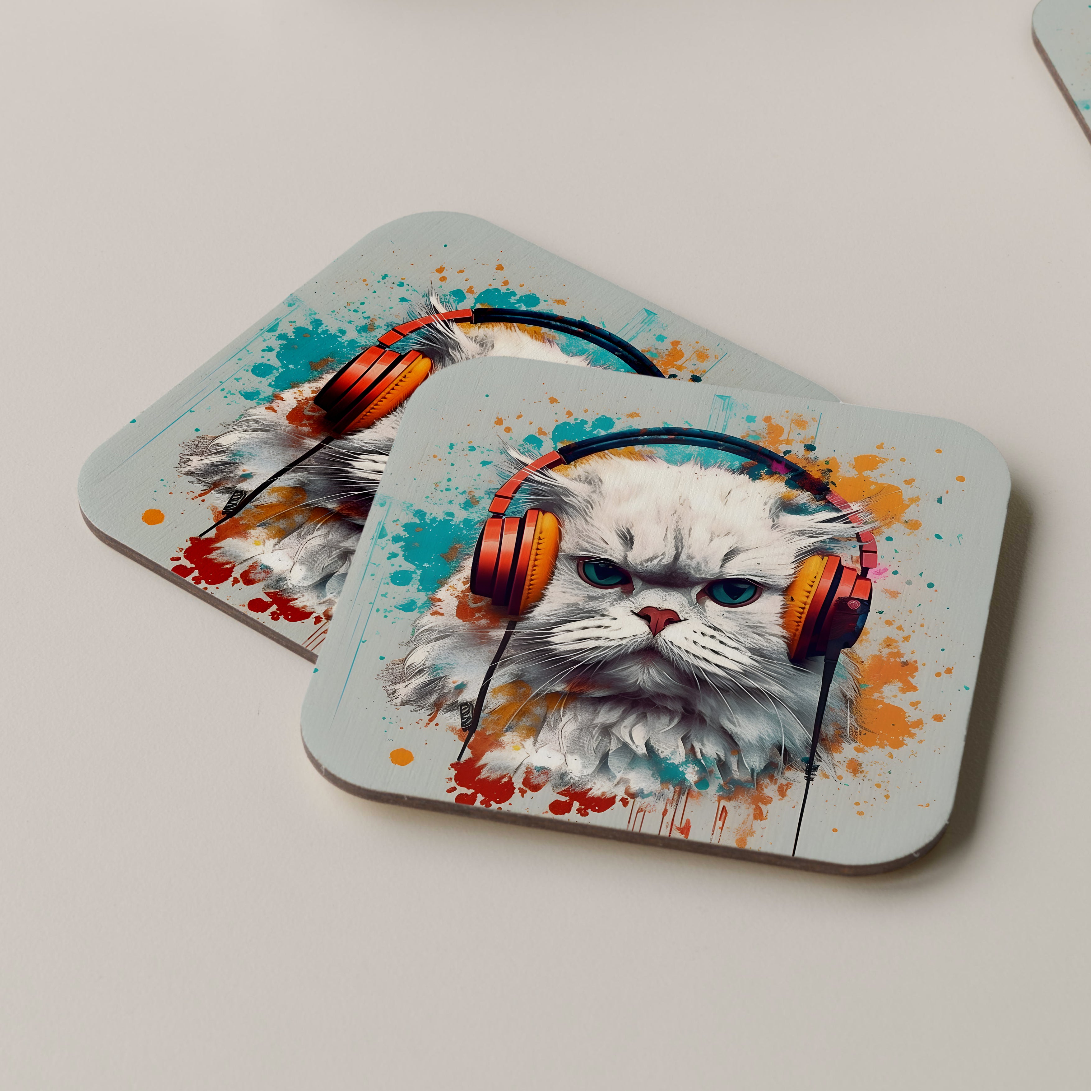 Persian Cat Wearing Headphones Coasters