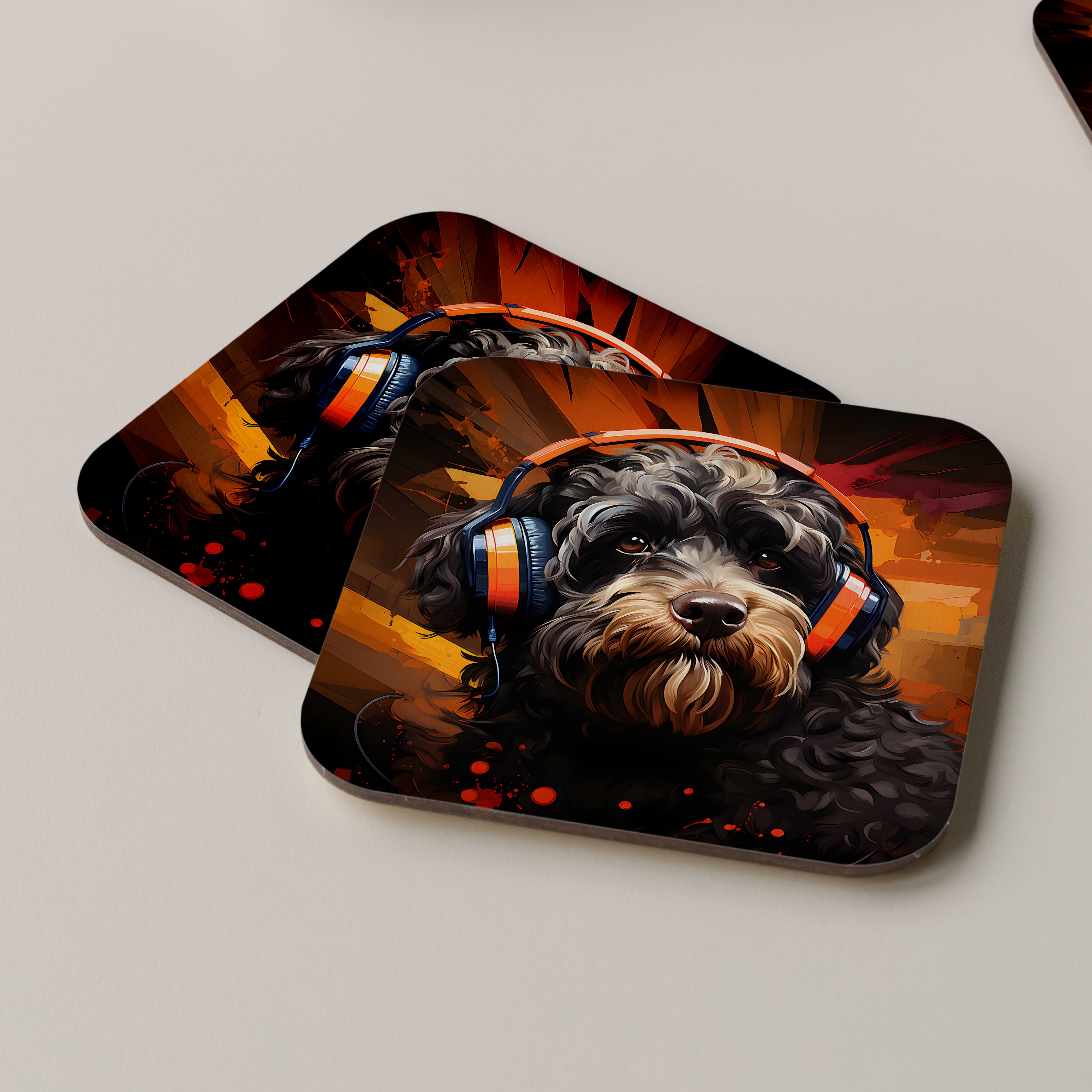 Portuguese Water Dog Wearing Headphones Coasters