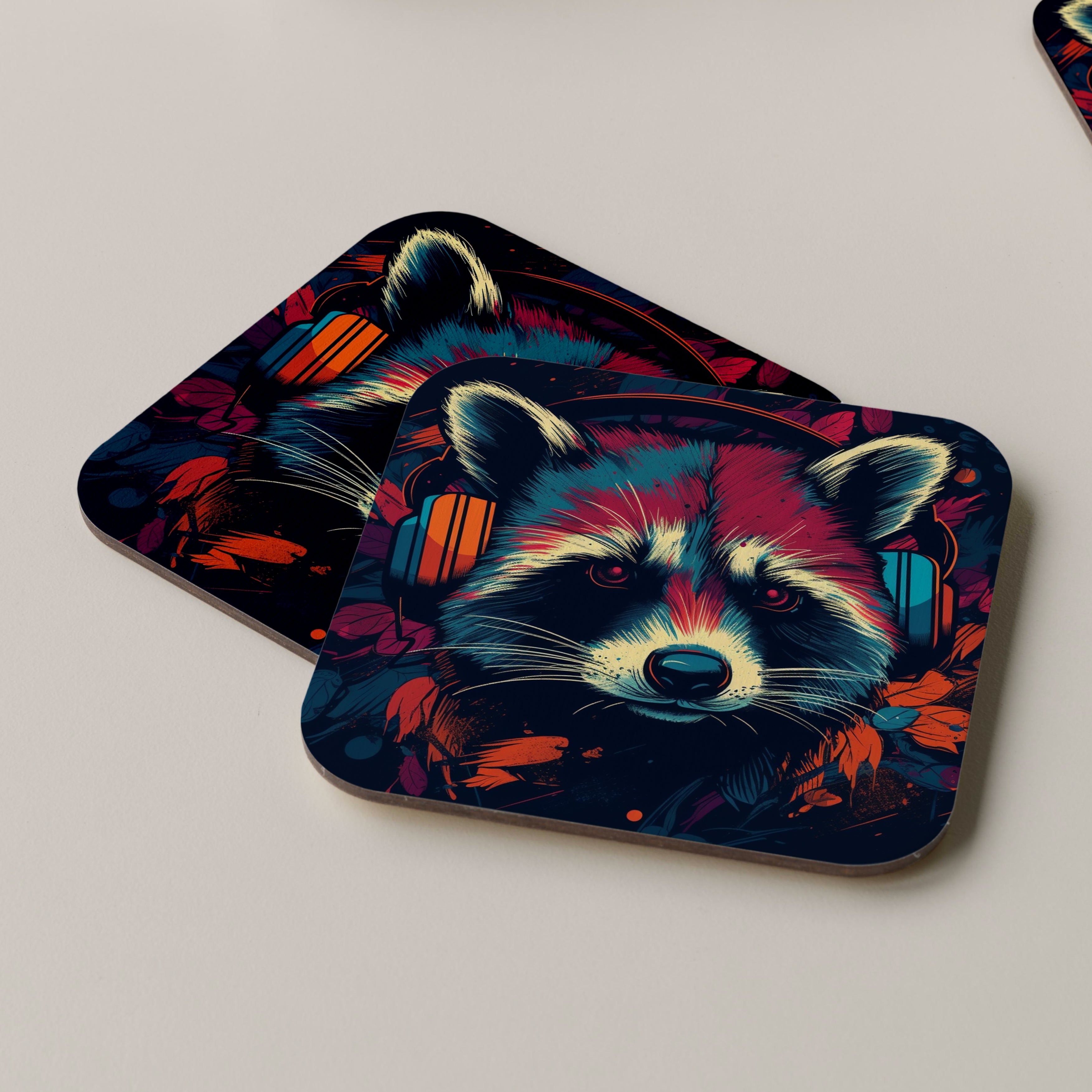 Raccoon Wearing Headphones Coasters