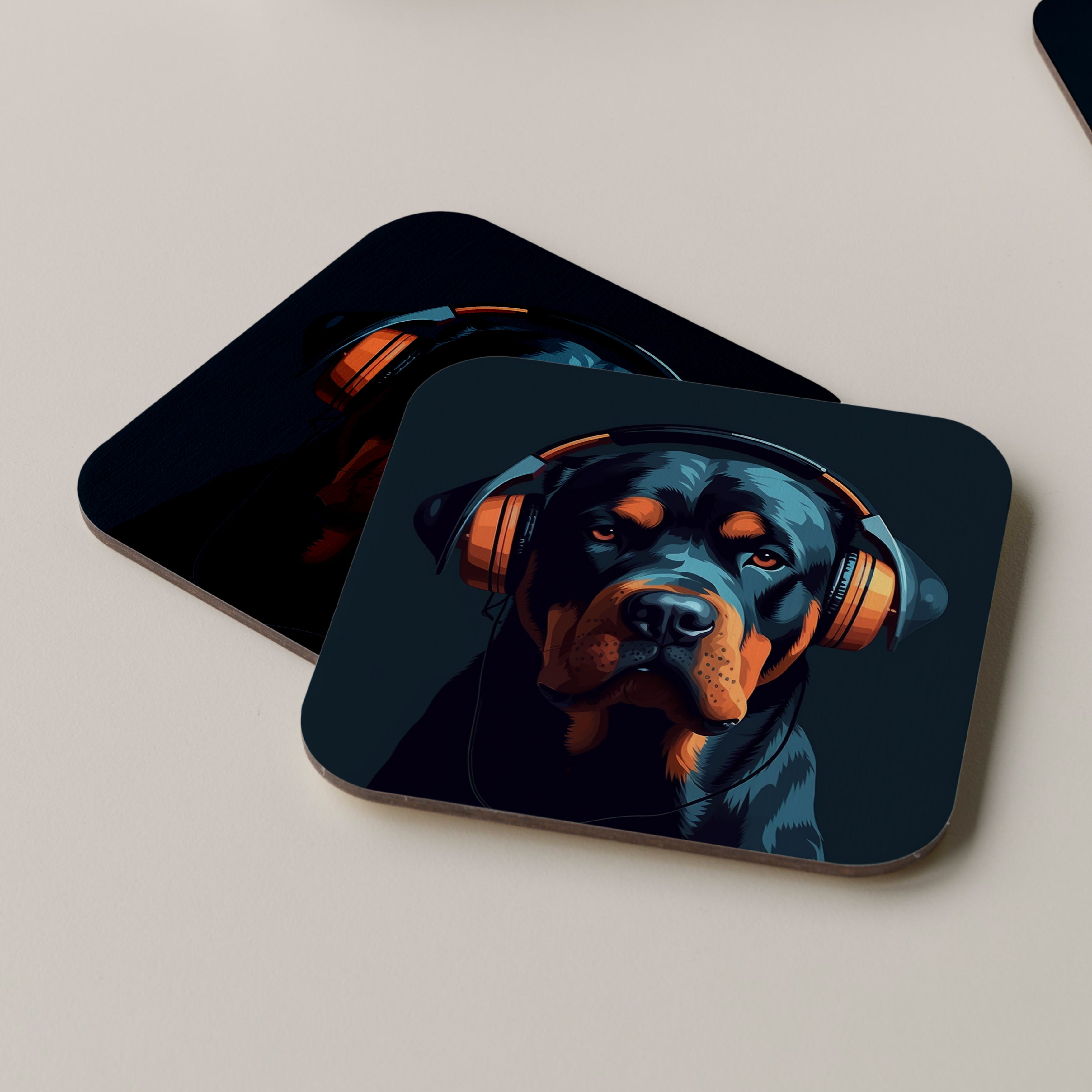 Rottweiler Wearing Headphones Coasters