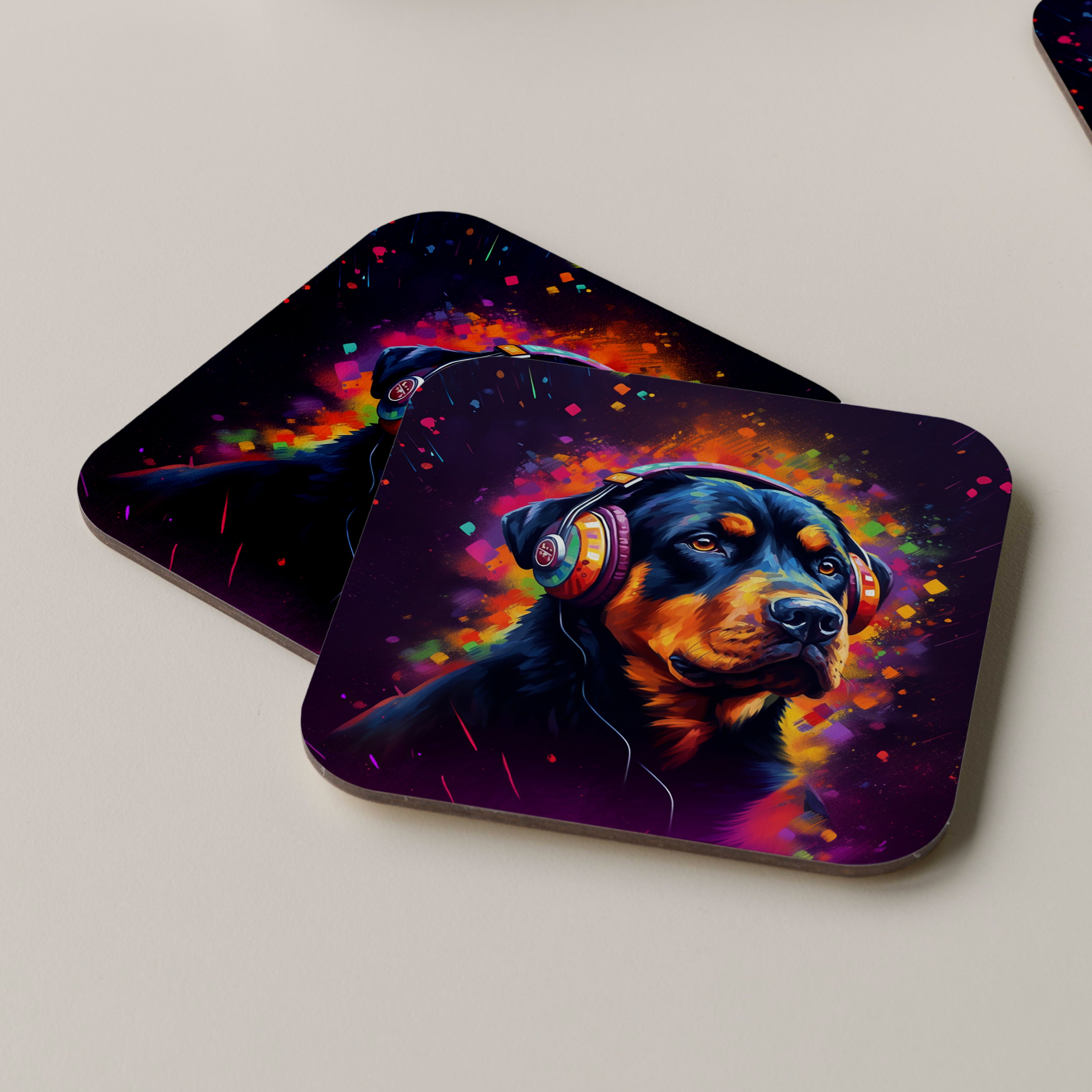 Rottweiler Wearing Headphones Coasters New