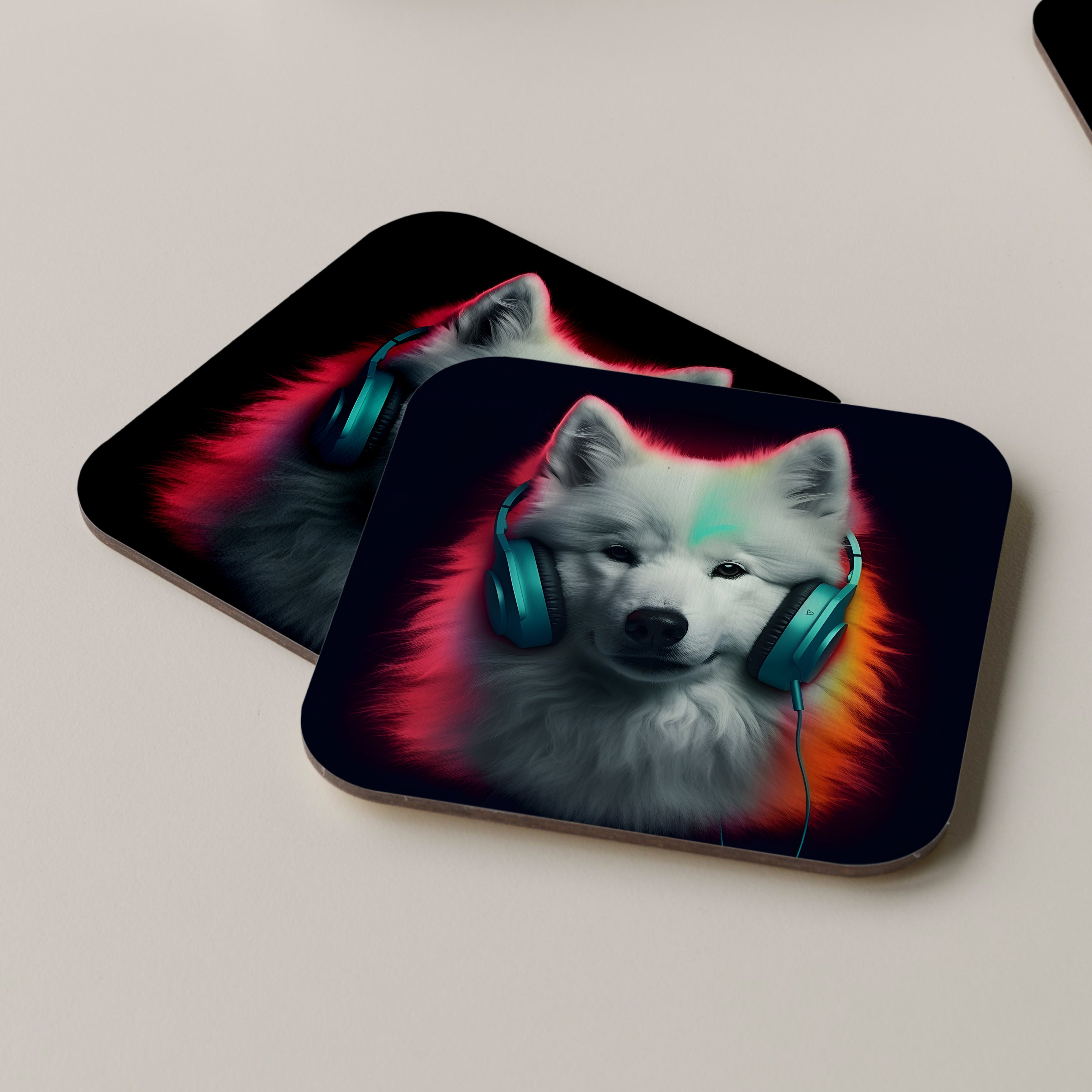 Samoyed Wearing Headphones Coasters
