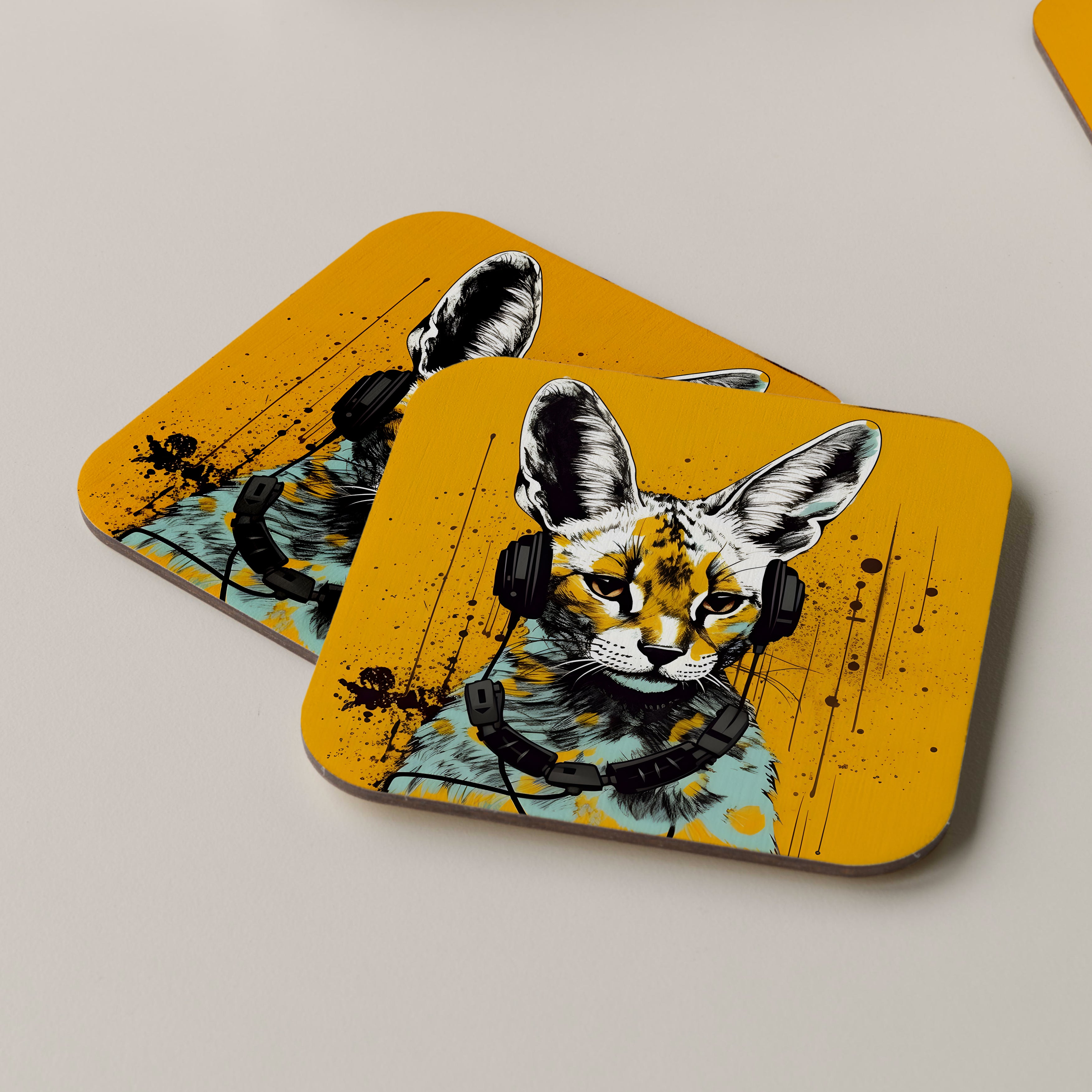 Serval Wearing Headphones Coasters