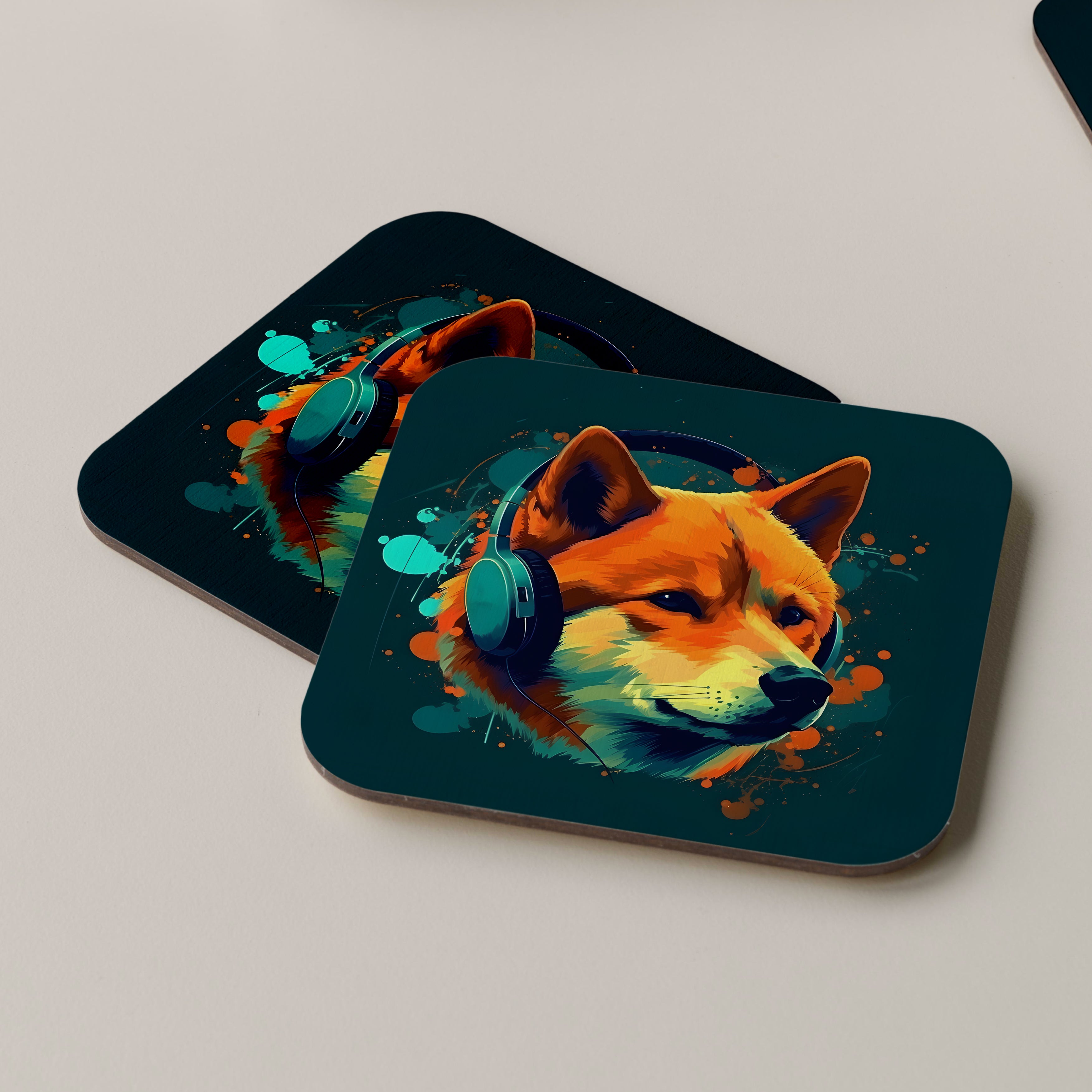 Shiba Inu Wearing Headphones Coasters
