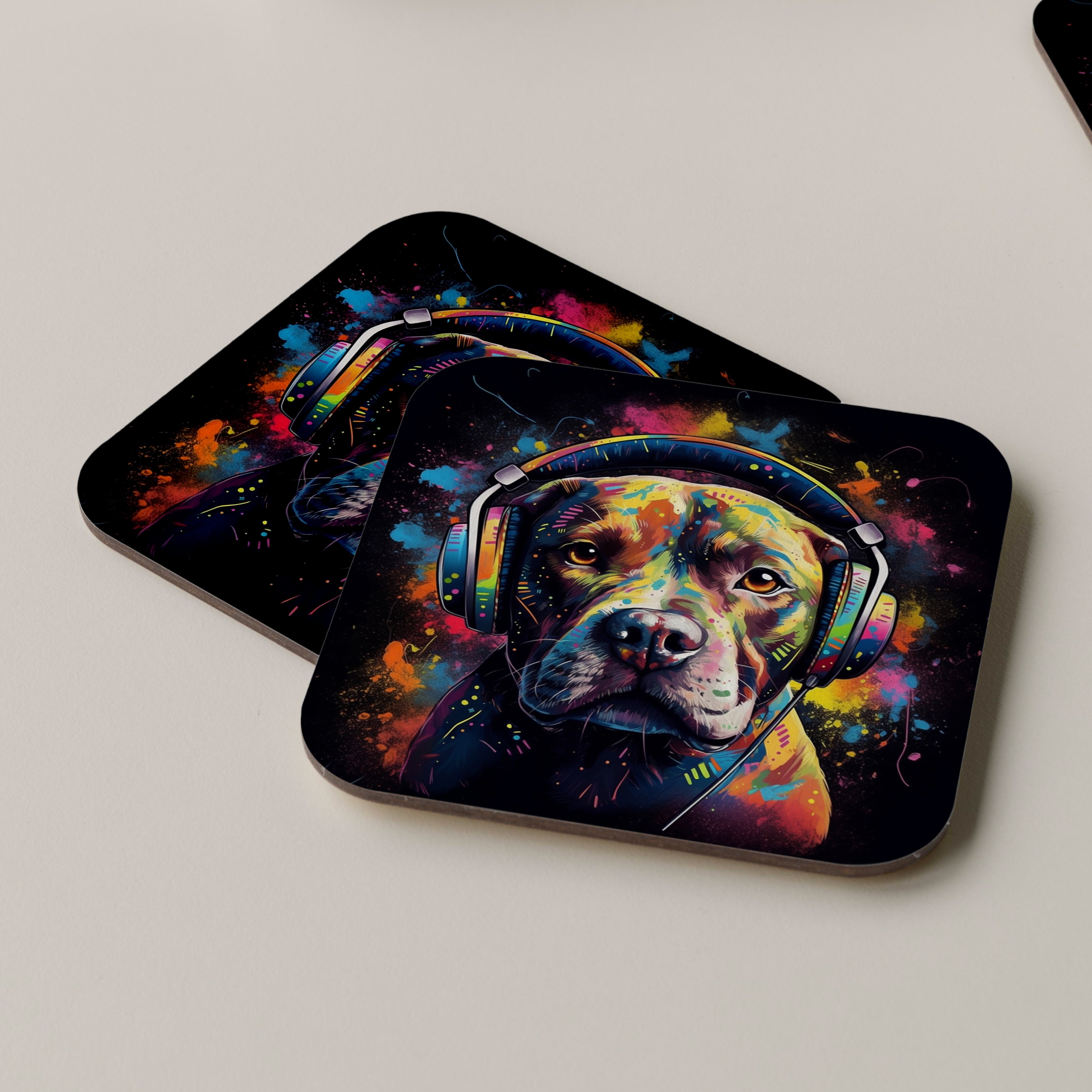 Staffordshire Bull Terrier Wearing Headphones Coasters New
