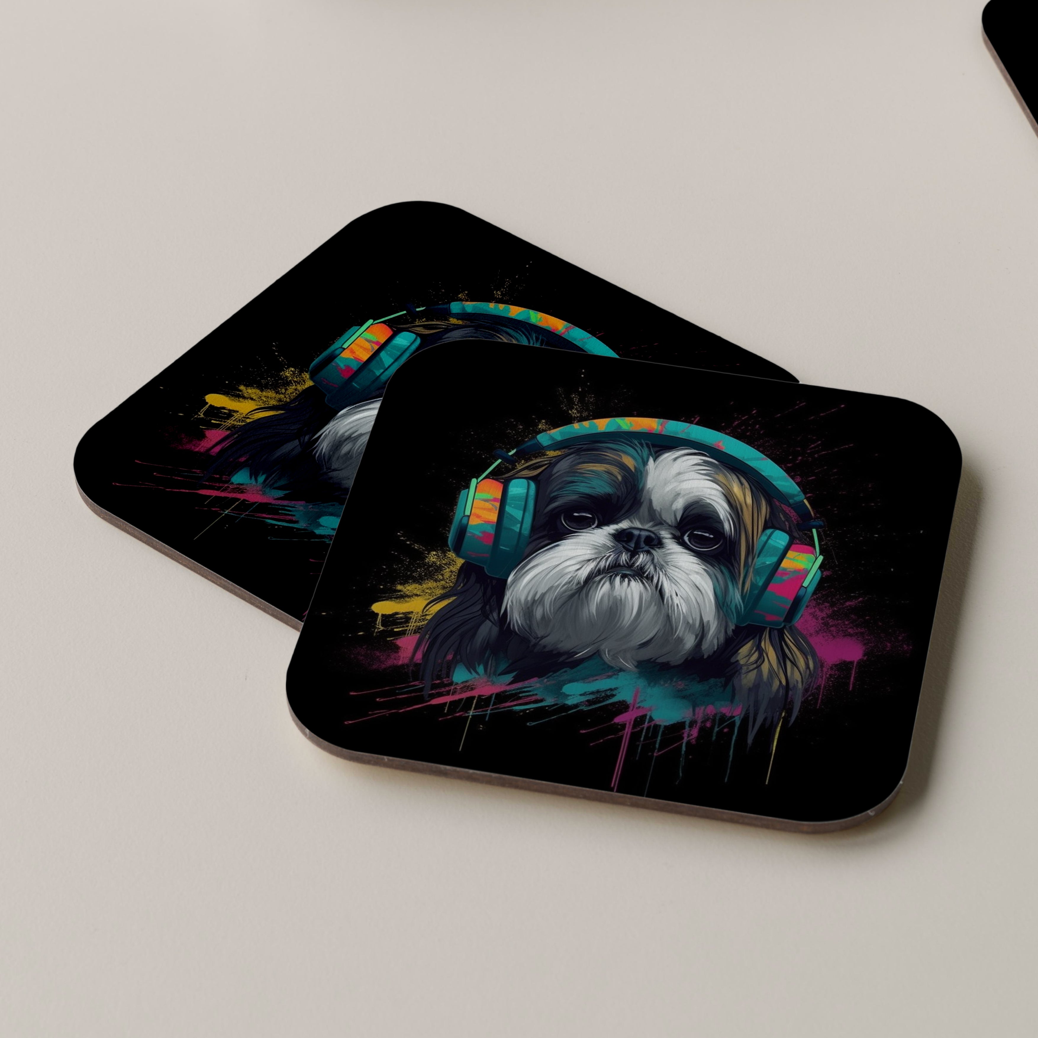 Shih Tzu Wearing Headphones Coasters