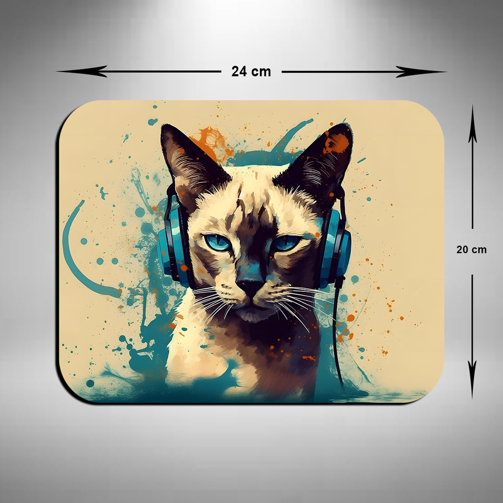 Siamese Cat Wearing Headphones Mouse Mat