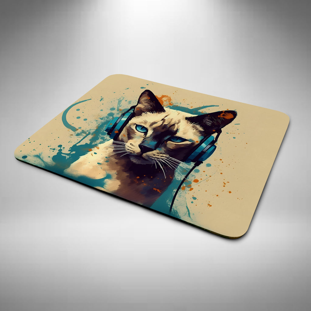 Siamese Cat Wearing Headphones Mouse Mat