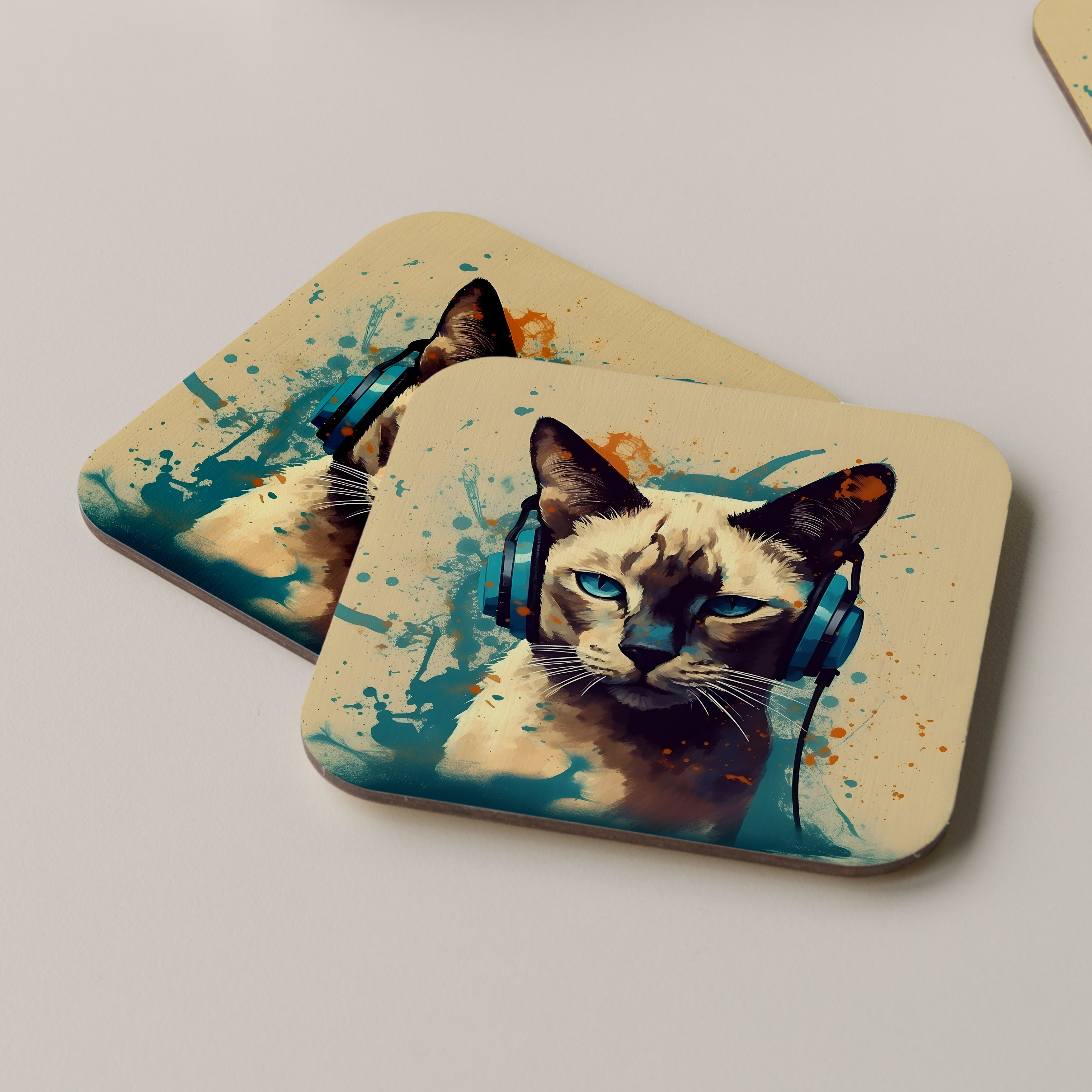 Siamese Cat Wearing Headphones Coasters